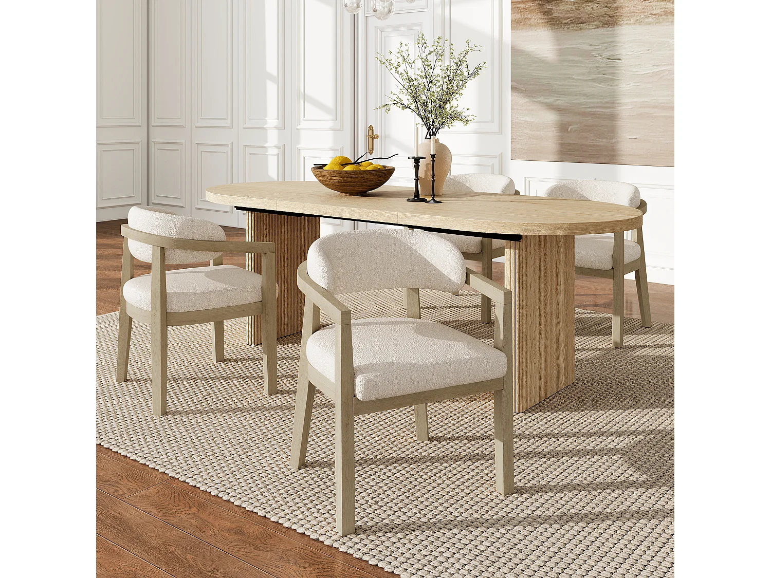 Set di 6 sedie in tessuto bouclé beige con braccioli - Legno naturale