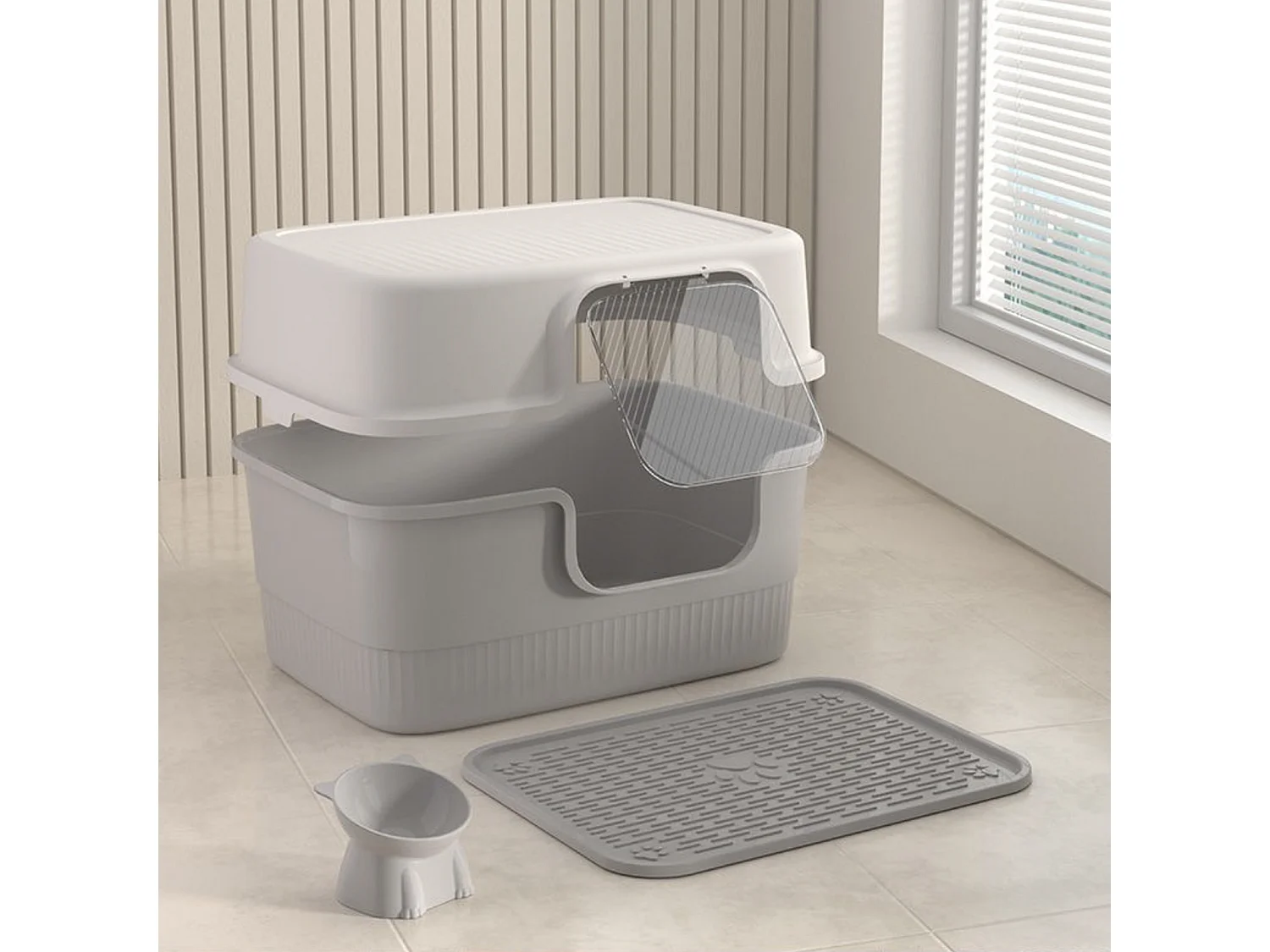 Bac à litière fermé gris 52 x 38 x 35 cm avec pelle + tapis + gamelle pour animaux