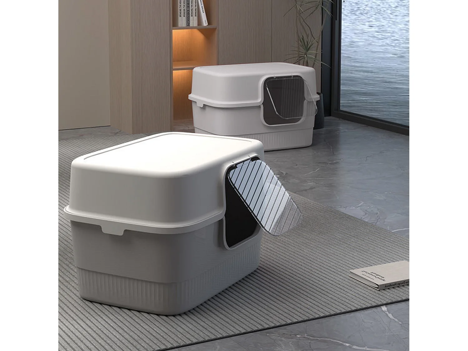 Bac à litière fermé gris 52 x 38 x 35 cm avec pelle + tapis + gamelle pour animaux