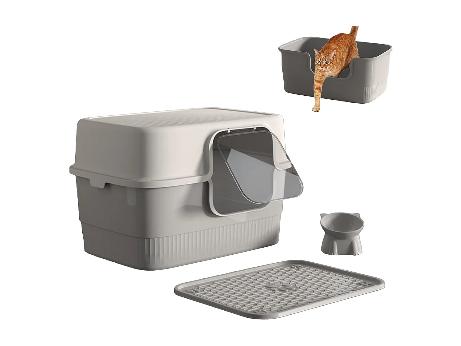 Bac à litière fermé gris 52 x 38 x 35 cm avec pelle + tapis + gamelle pour animaux