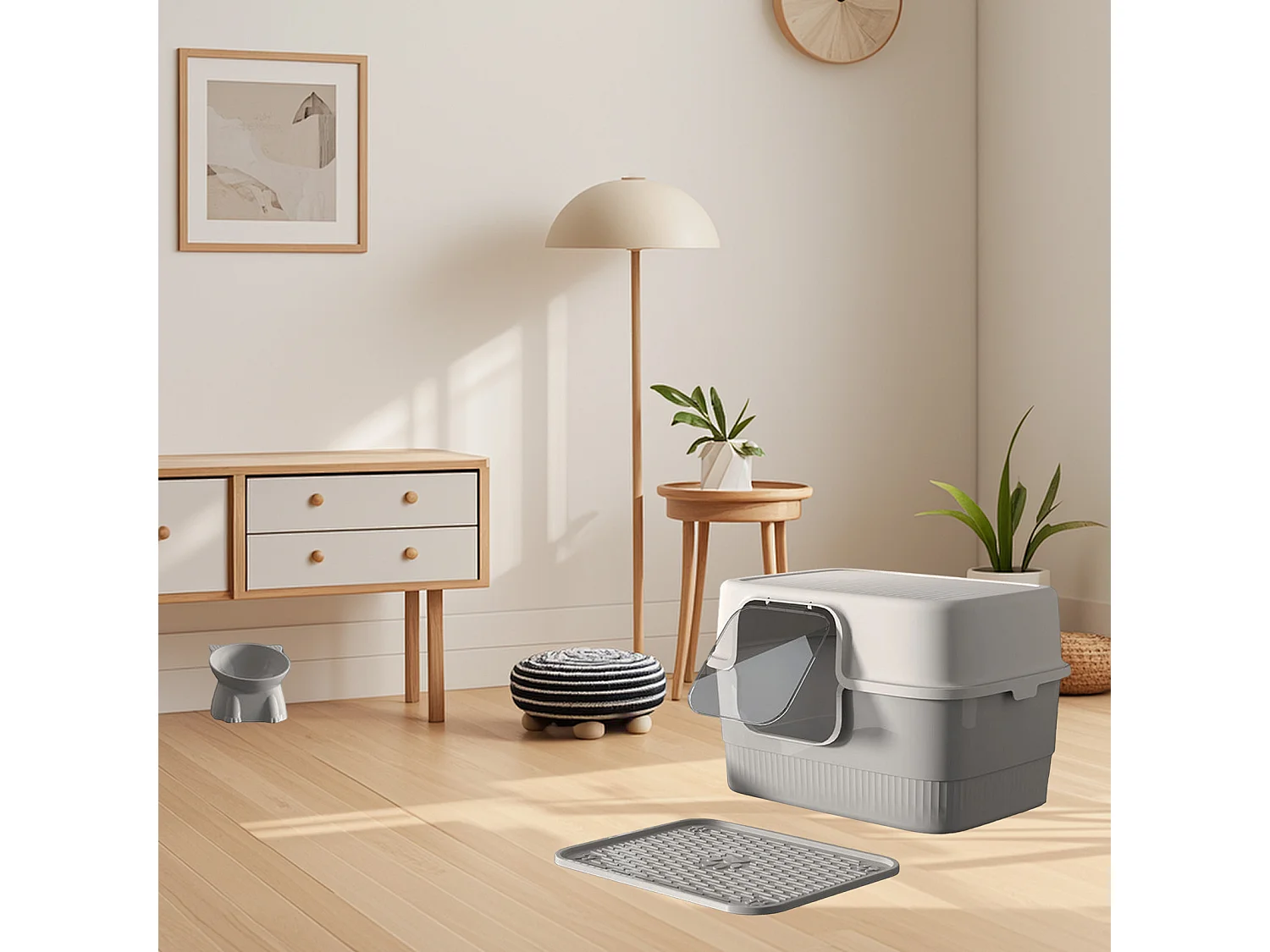 Bac à litière fermé gris 52 x 38 x 35 cm avec pelle + tapis + gamelle pour animaux