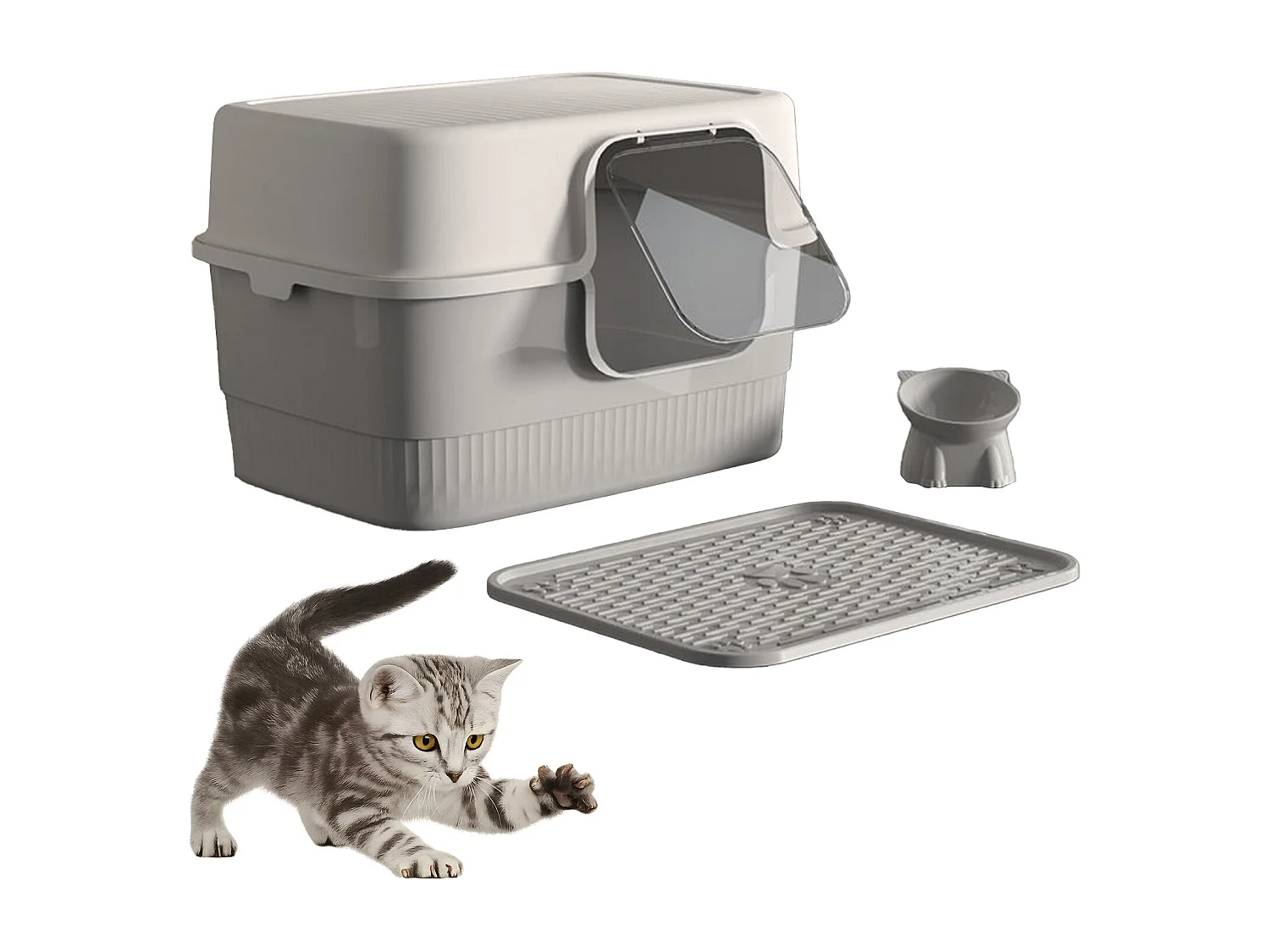 Bac à litière fermé gris 52 x 38 x 35 cm avec pelle + tapis + gamelle pour animaux