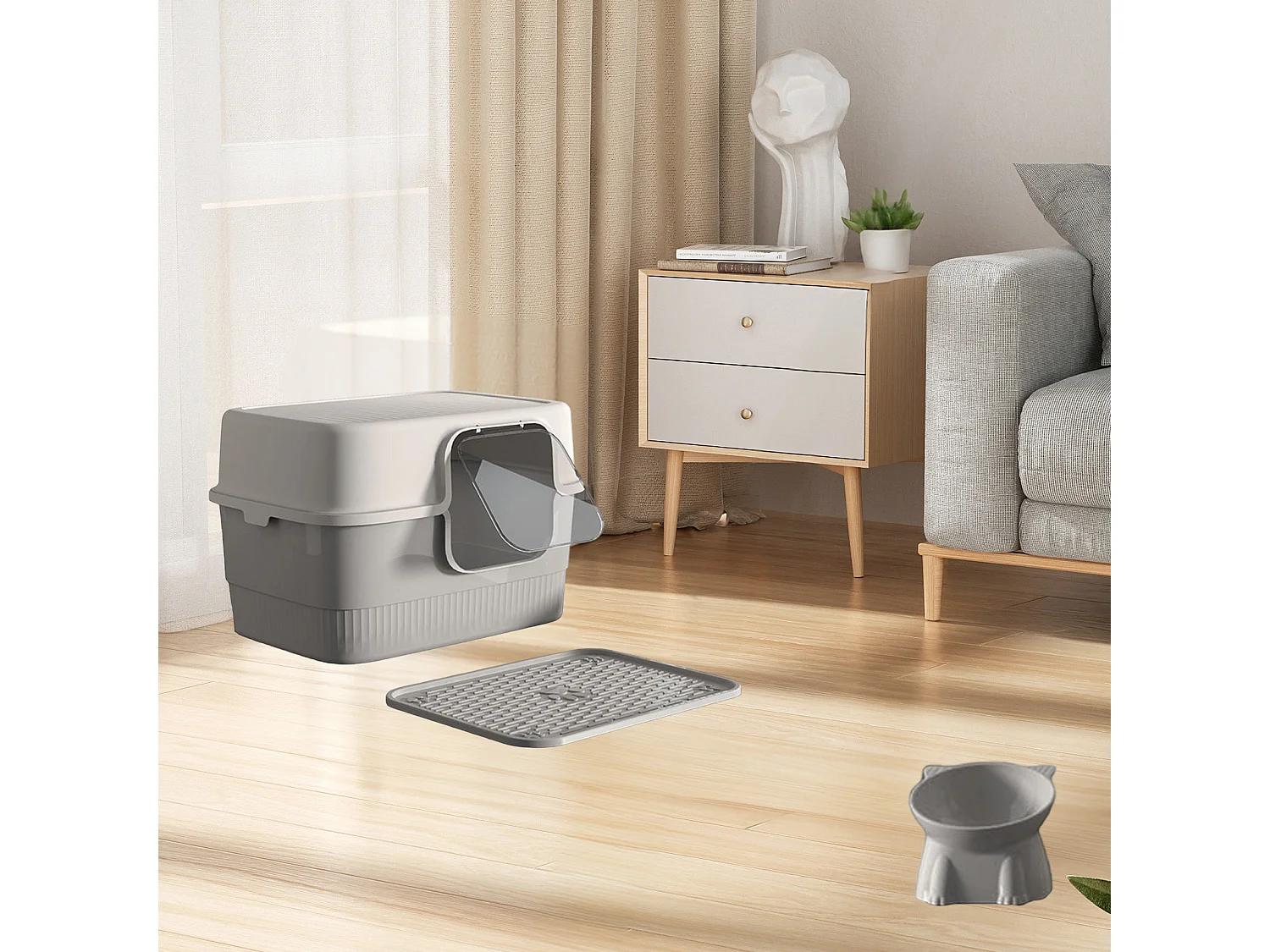 Bac à litière fermé gris 52 x 38 x 35 cm avec pelle + tapis + gamelle pour animaux