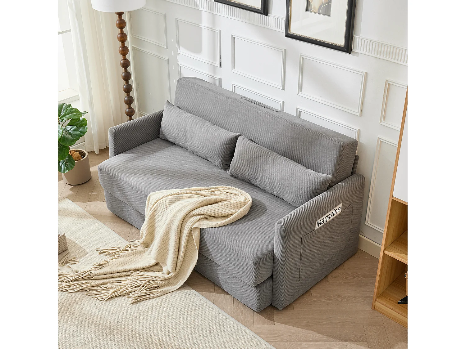 Canapé convertible 2 places en tissu velours côtelé avec 2 poches et 2 coussins - Gris