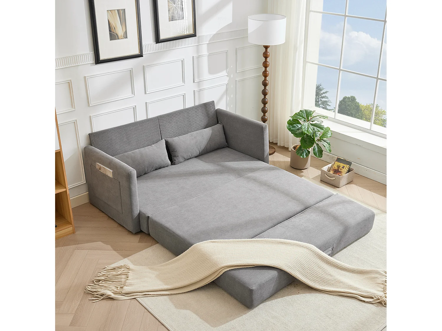 Canapé convertible 2 places en tissu velours côtelé avec 2 poches et 2 coussins - Gris