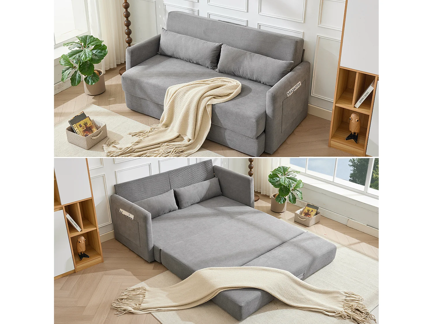 Canapé convertible 2 places en tissu velours côtelé avec 2 poches et 2 coussins - Gris