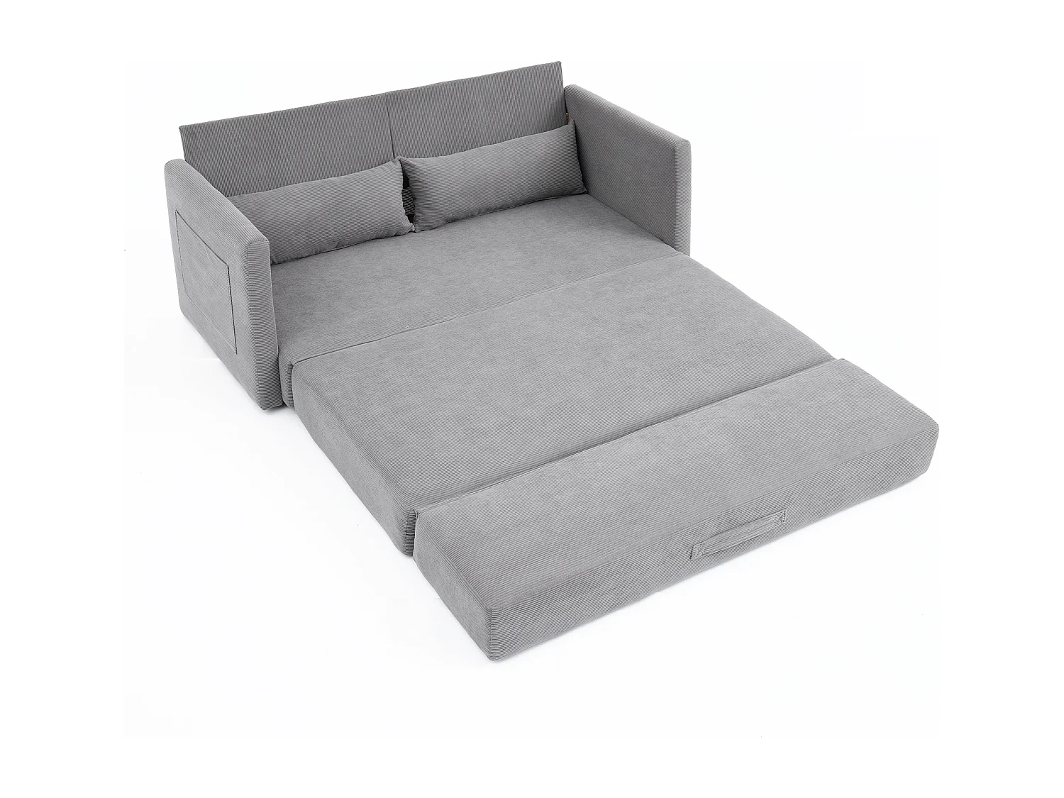 Canapé convertible 2 places en tissu velours côtelé avec 2 poches et 2 coussins - Gris