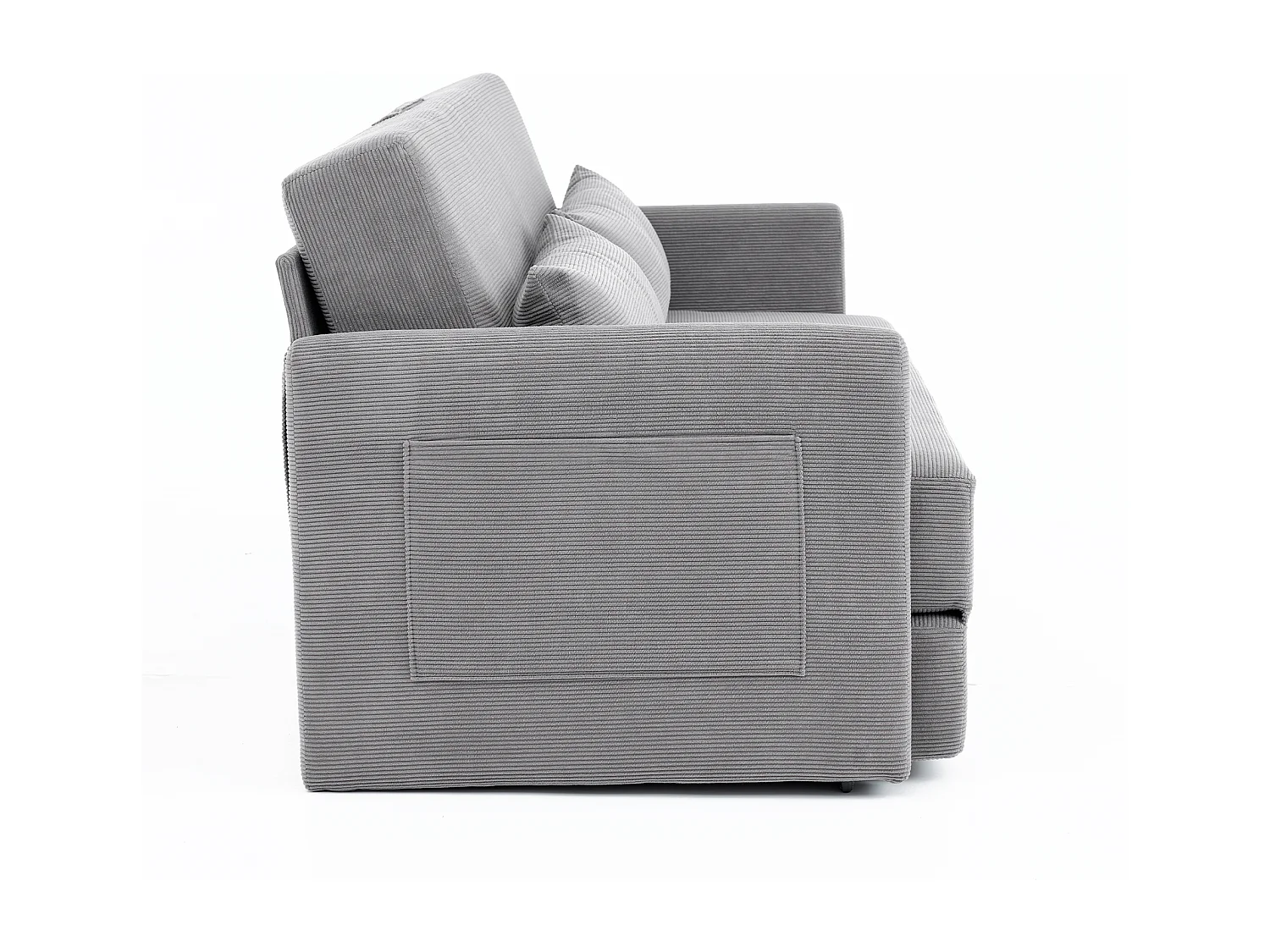 Canapé convertible 2 places en tissu velours côtelé avec 2 poches et 2 coussins - Gris