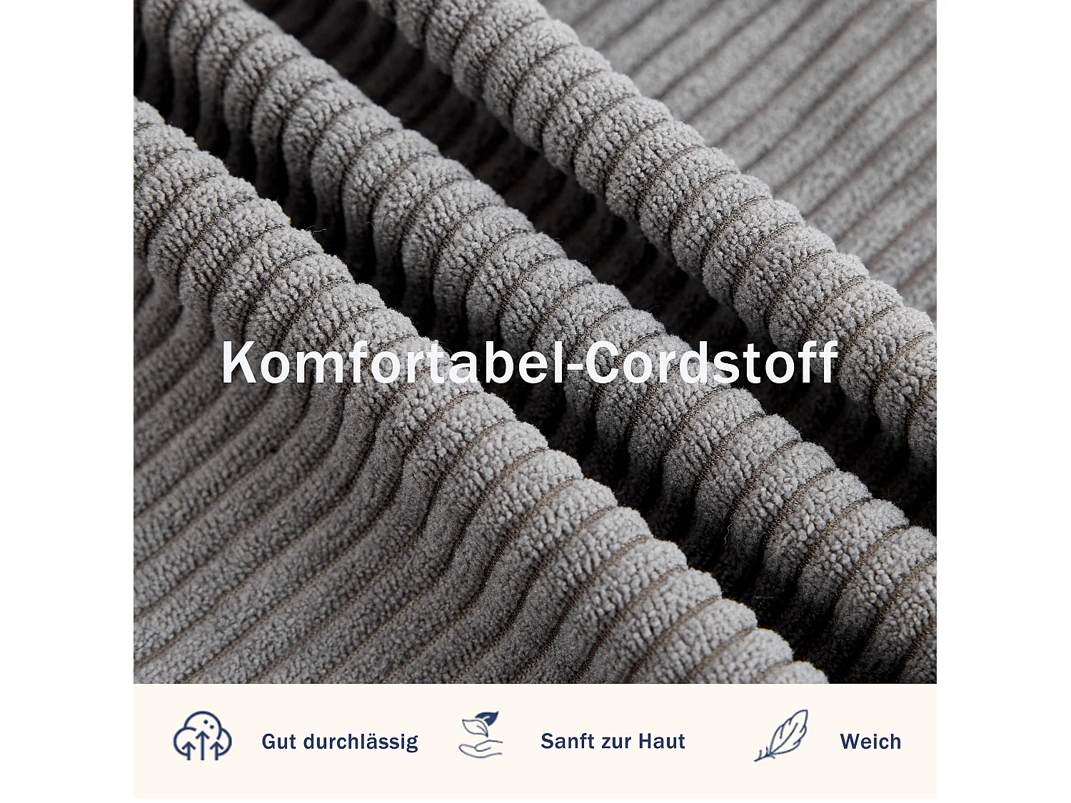 Canapé convertible 2 places en tissu velours côtelé avec 2 poches et 2 coussins - Gris