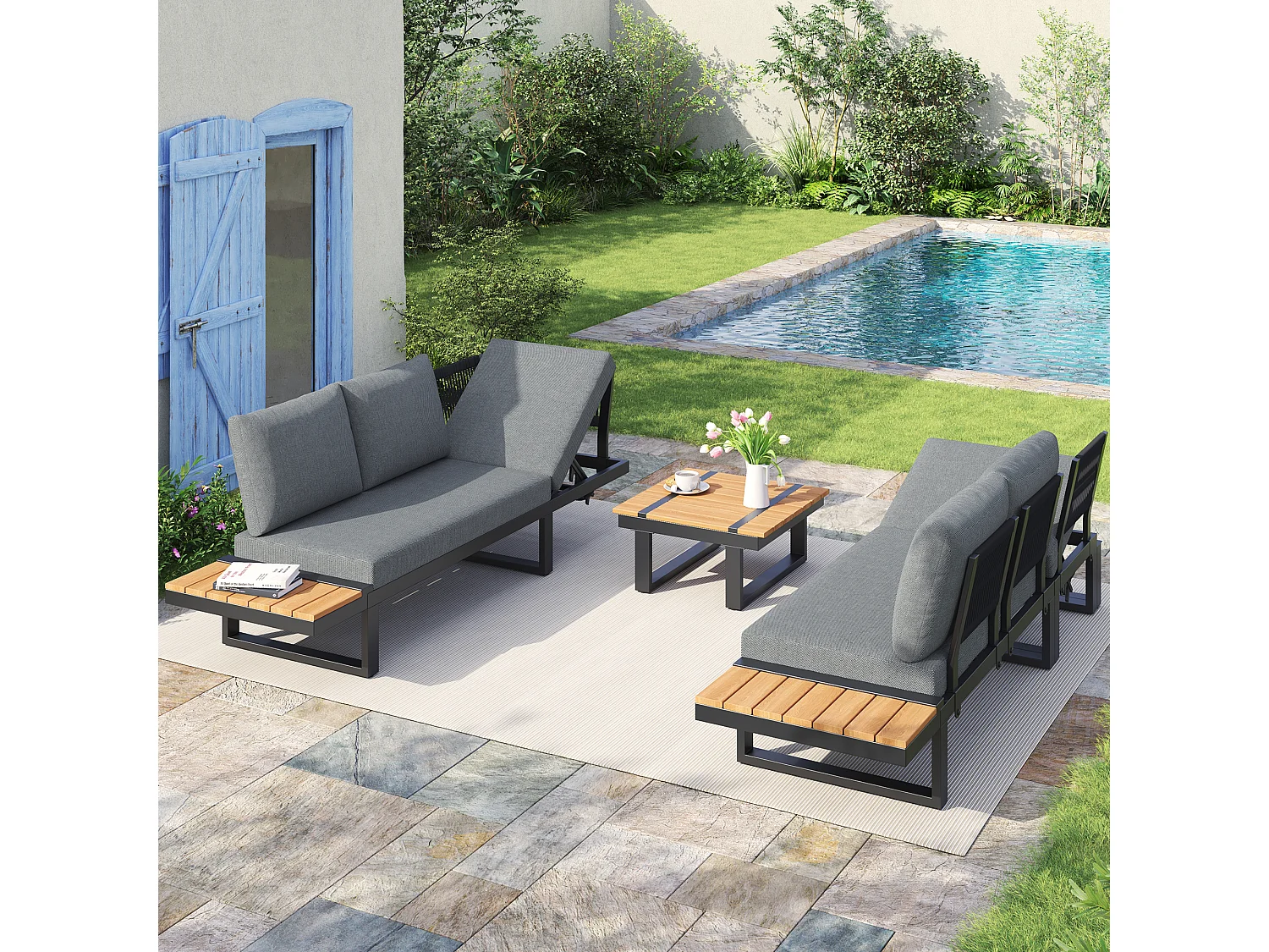 Modulaire loungeset voor in de tuin met 2 ligstoelen en een salontafel - Staal en grijs polyester