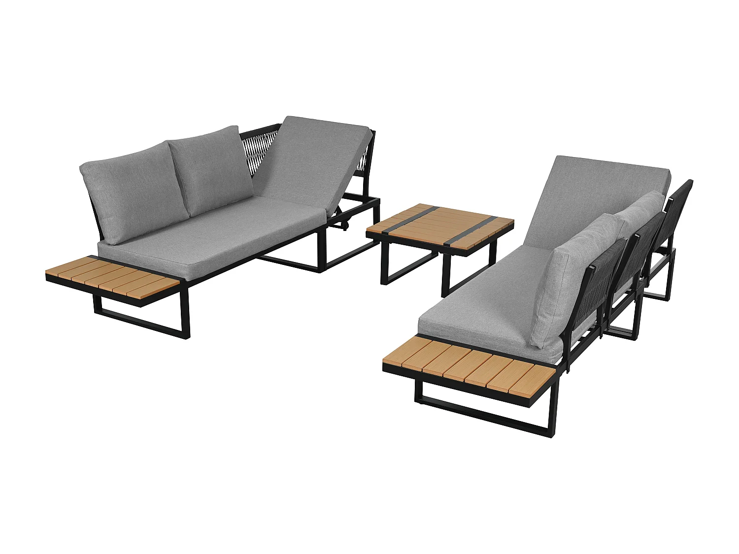 Modulaire loungeset voor in de tuin met 2 ligstoelen en een salontafel - Staal en grijs polyester