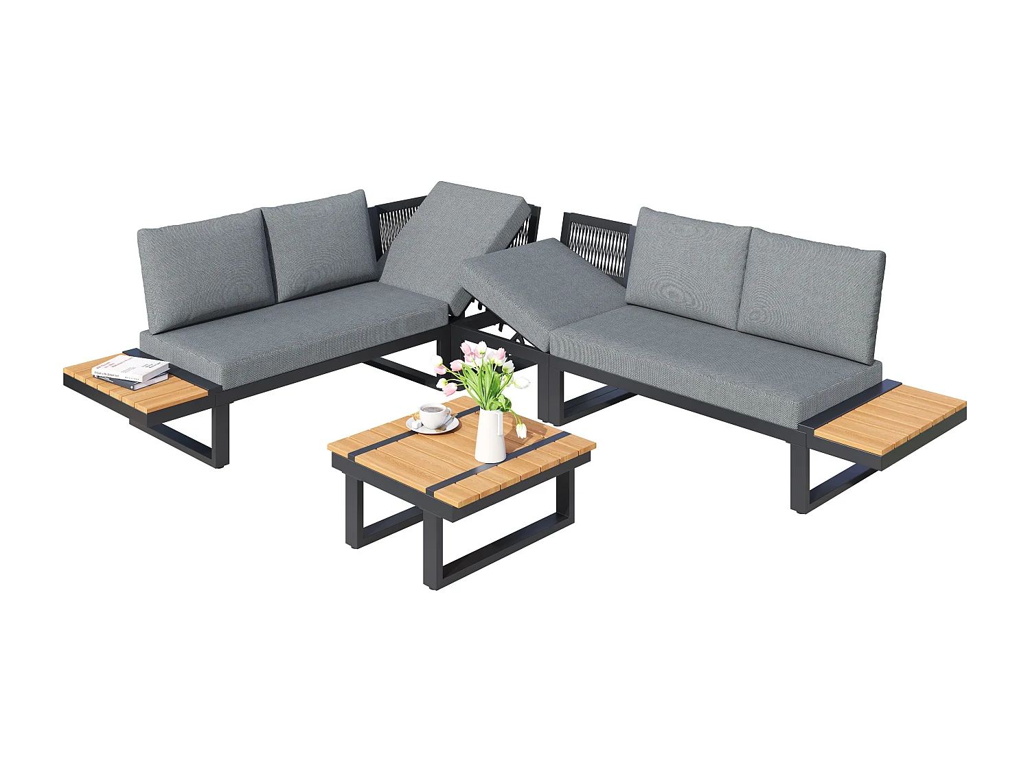 Modulaire loungeset voor in de tuin met 2 ligstoelen en een salontafel - Staal en grijs polyester