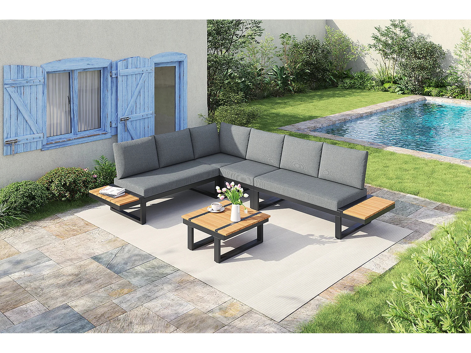 Modulaire loungeset voor in de tuin met 2 ligstoelen en een salontafel - Staal en grijs polyester