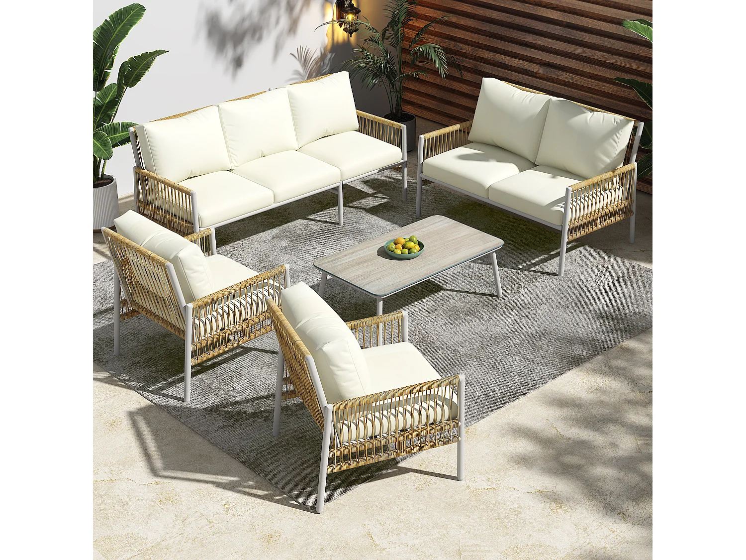 Ensemble de jardin 7 places + 1 table basse - Rotin PE + acier + verre trempé - Beige