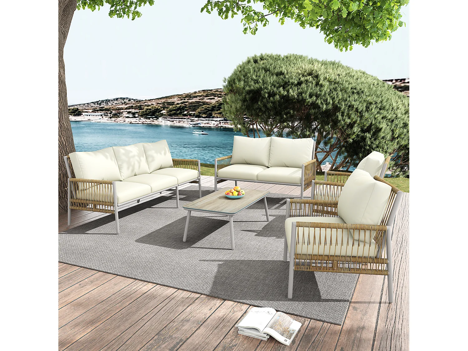 Ensemble de jardin 7 places + 1 table basse - Rotin PE + acier + verre trempé - Beige