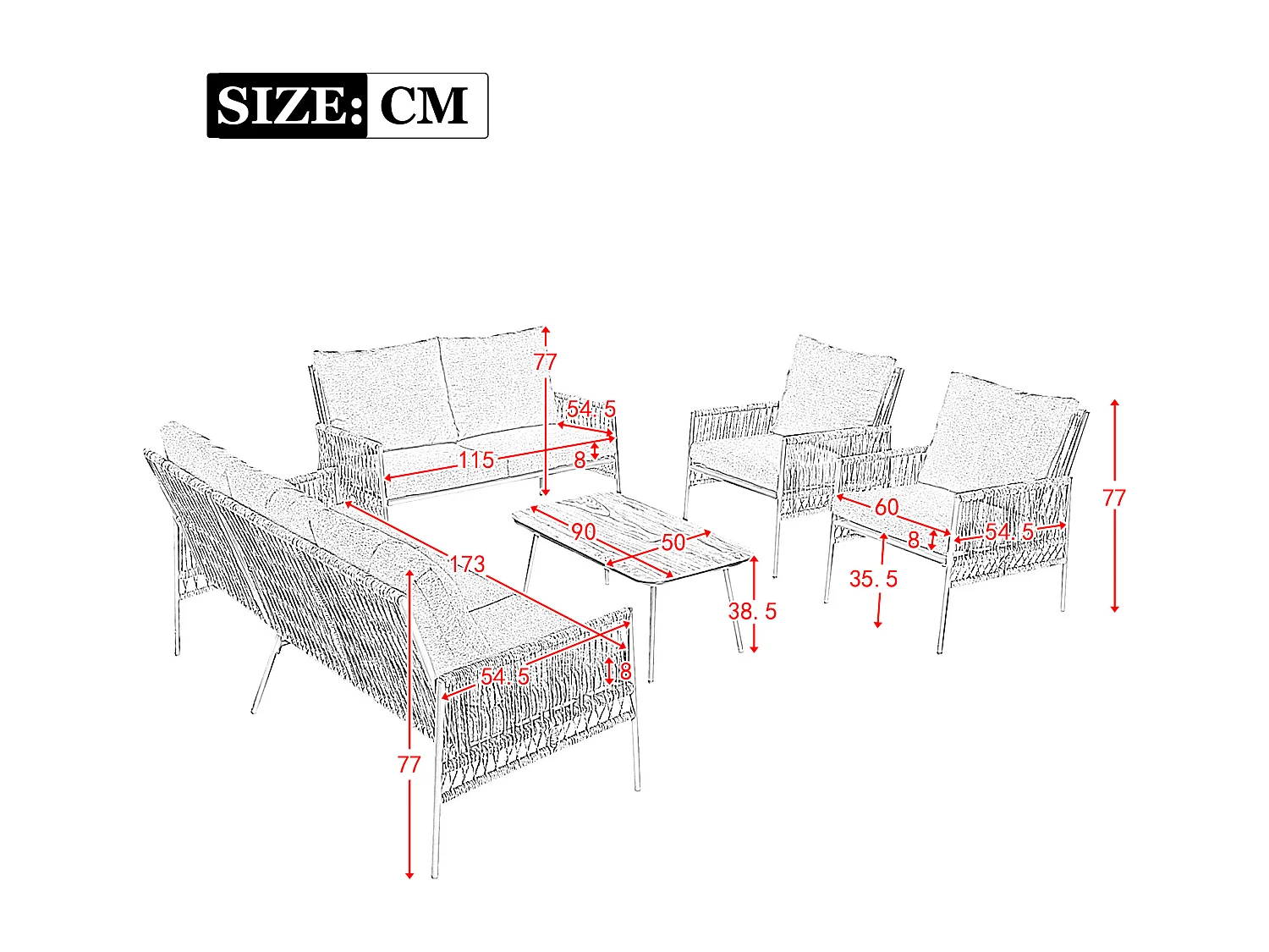 Ensemble de jardin 7 places + 1 table basse - Rotin PE + acier + verre trempé - Beige
