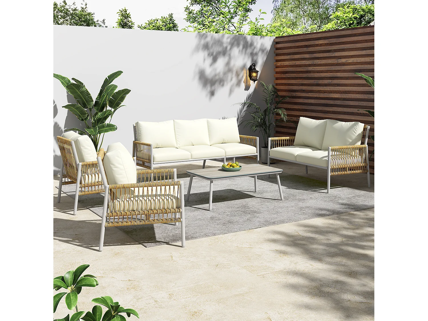 Ensemble de jardin 7 places + 1 table basse - Rotin PE + acier + verre trempé - Beige