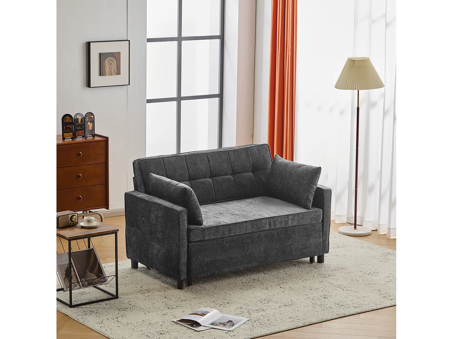 Canapé convertible 2 places avec dossier réglable - Tissu chenille noir antique