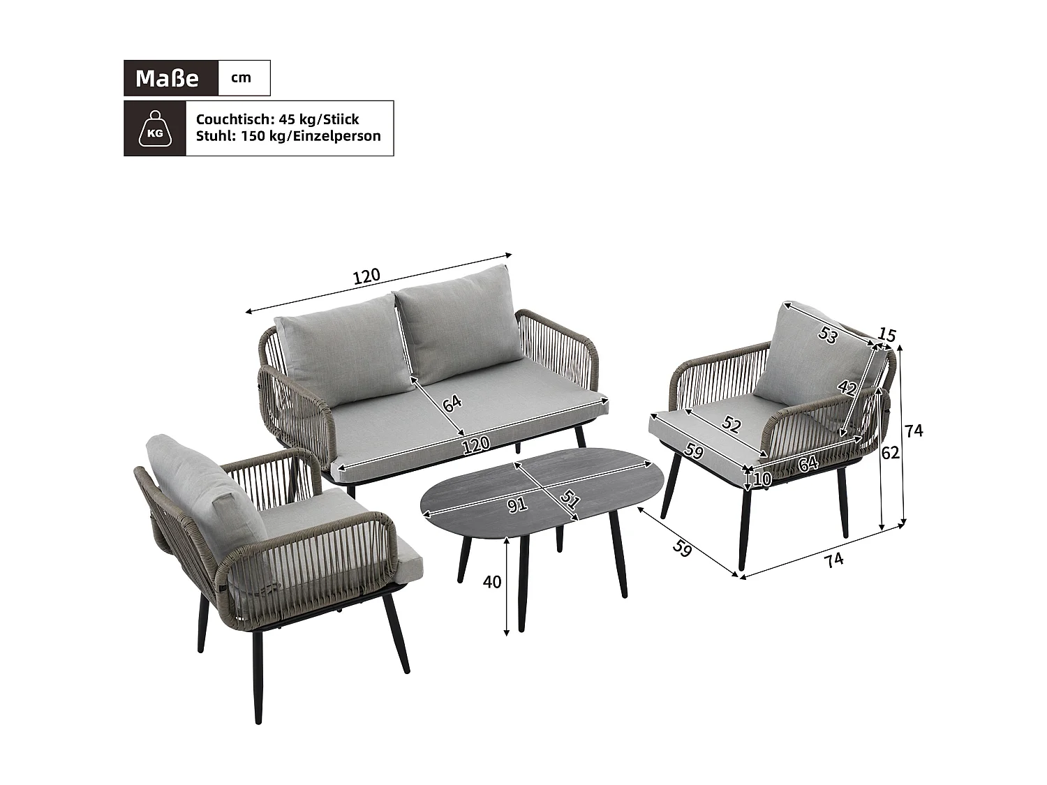 Metalen tuinset: 2-zitsbank + 2 fauteuils + 1 salontafel - Grijs