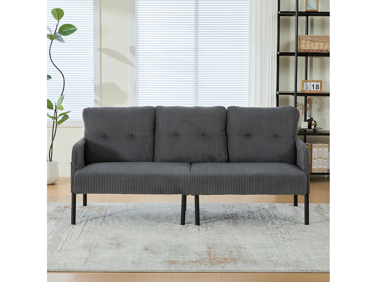 Canapé 3 places en velours côtelé gris - Pieds en métal