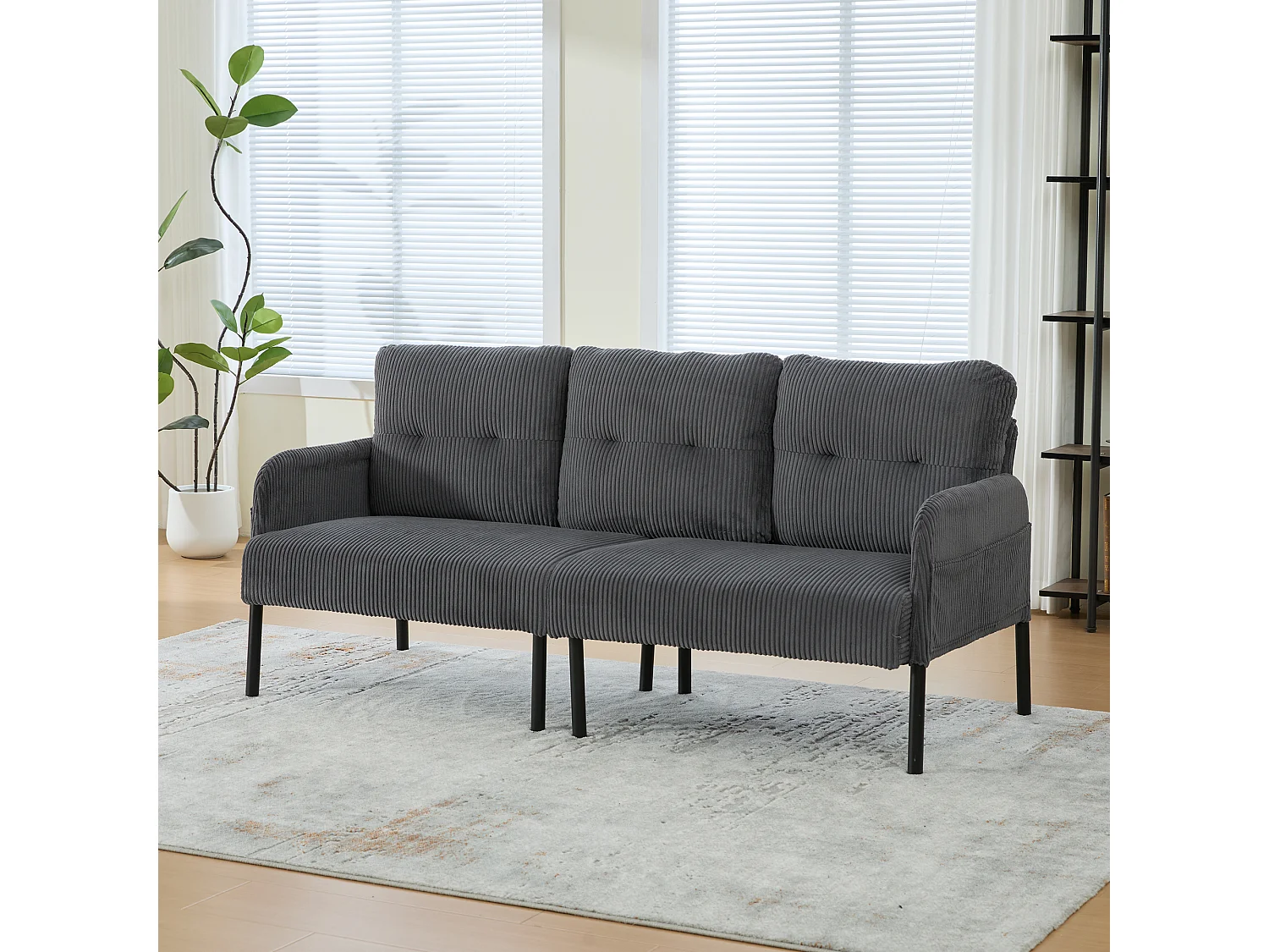 Canapé 3 places en velours côtelé gris - Pieds en métal