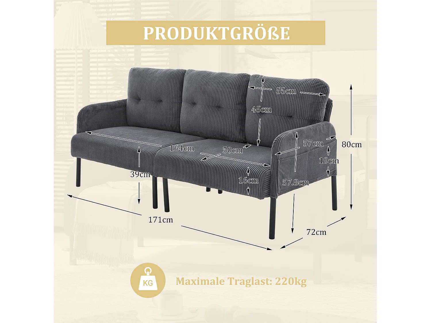 Canapé 3 places en velours côtelé gris - Pieds en métal