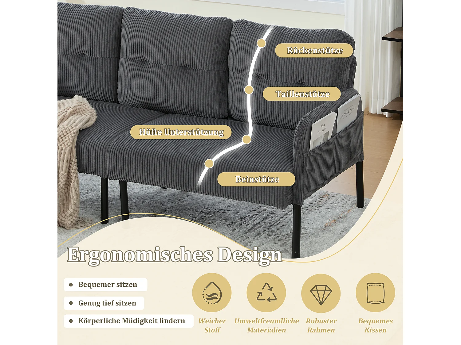 Canapé 3 places en velours côtelé gris - Pieds en métal