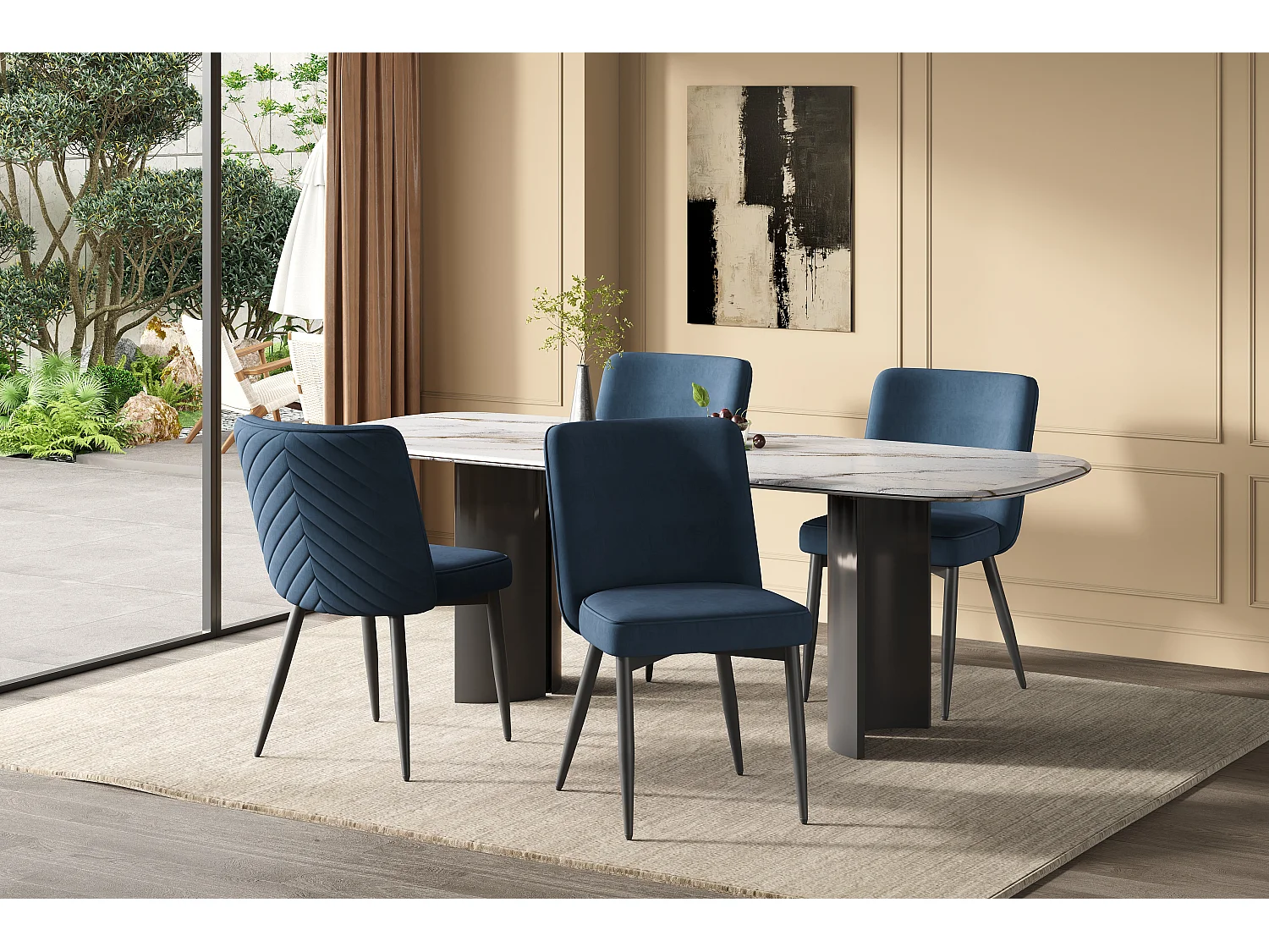 Lot de 4 chaises de salle à manger en velours bleu foncé - Pieds en métal