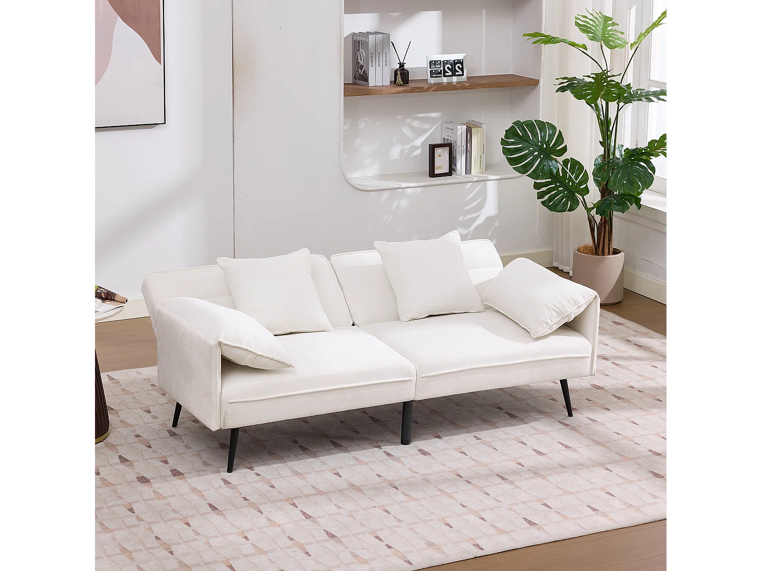 Canapé convertible 2 places en tissu blanc, dossier inclinable 3 positions