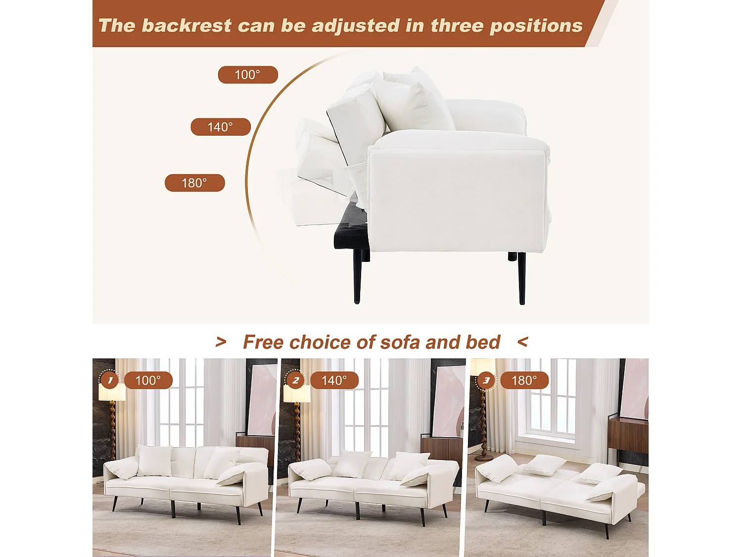 Canapé convertible 2 places en tissu blanc, dossier inclinable 3 positions