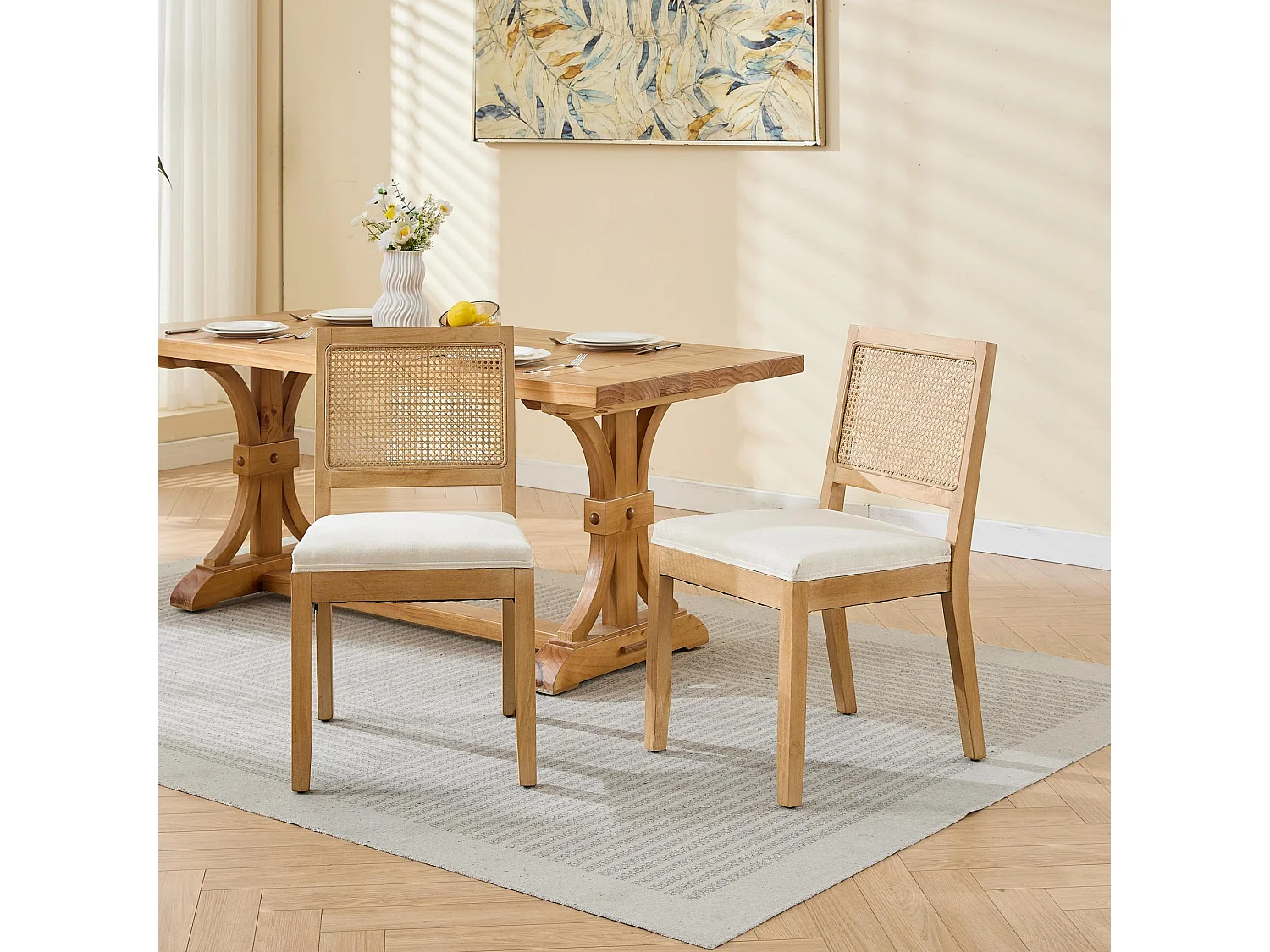 Lot de 2 chaises de salle à manger avec dossier en rotin - Lin beige