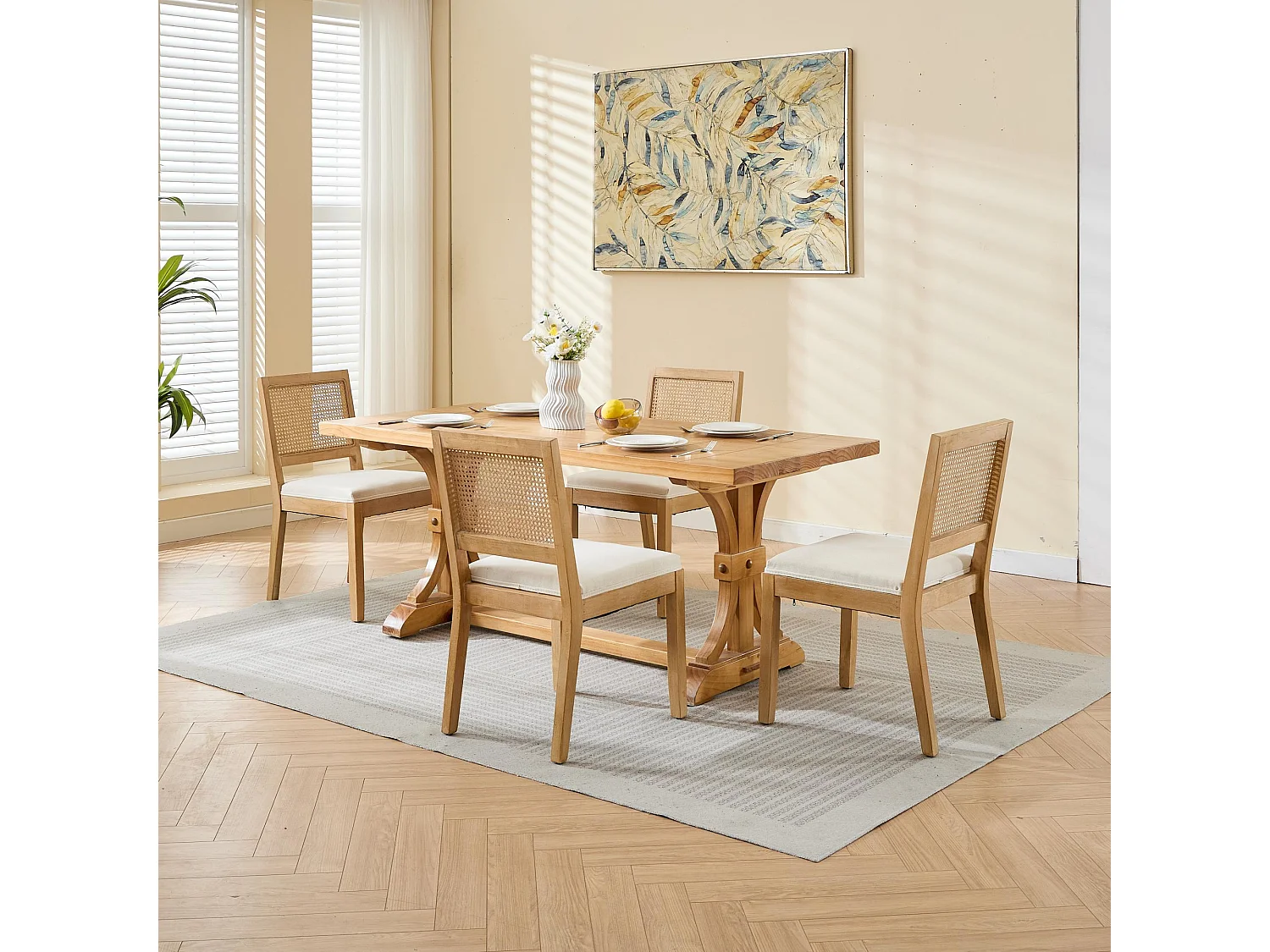 Lot de 2 chaises de salle à manger avec dossier en rotin - Lin beige