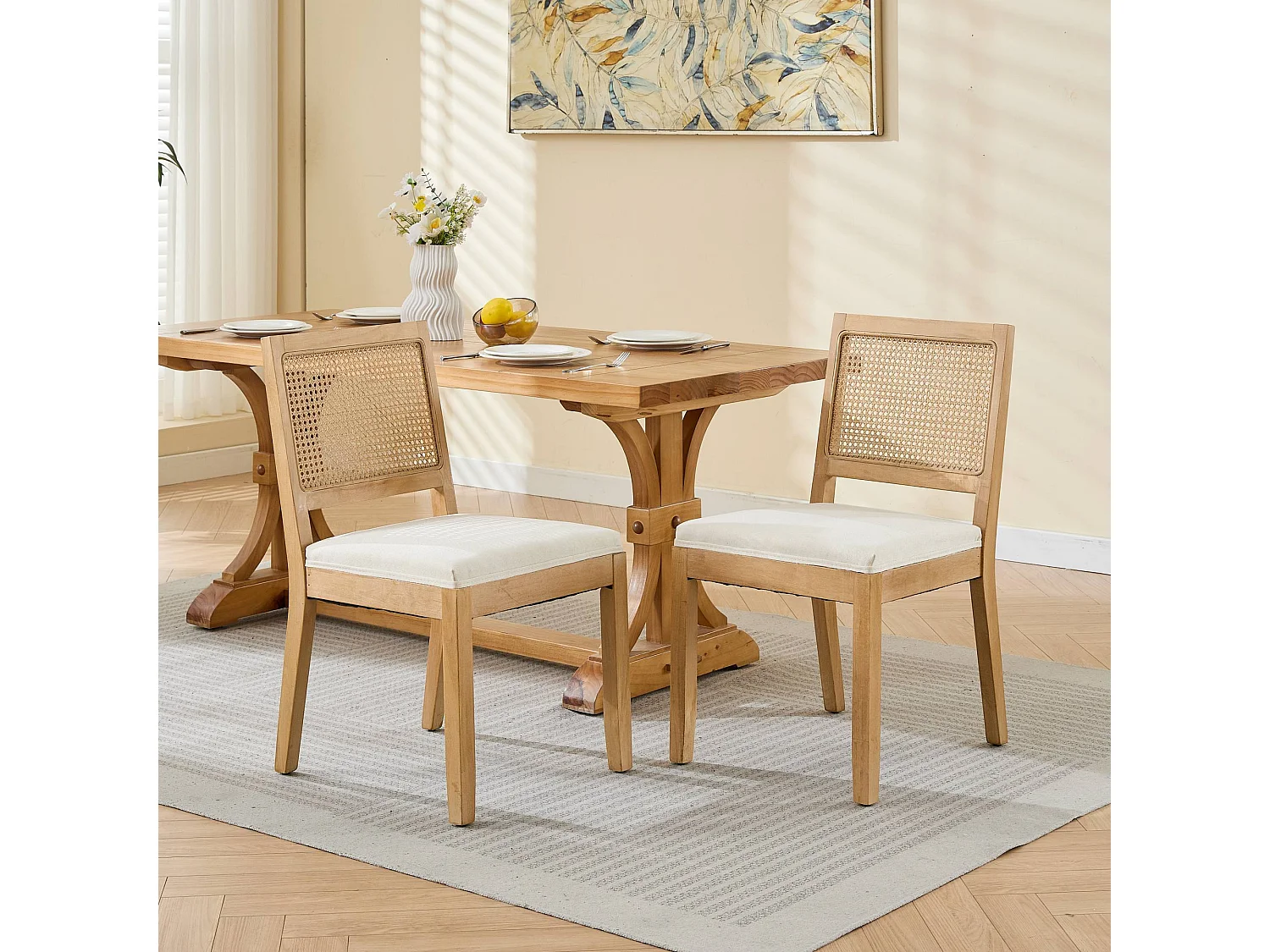 Lot de 2 chaises de salle à manger avec dossier en rotin - Lin beige