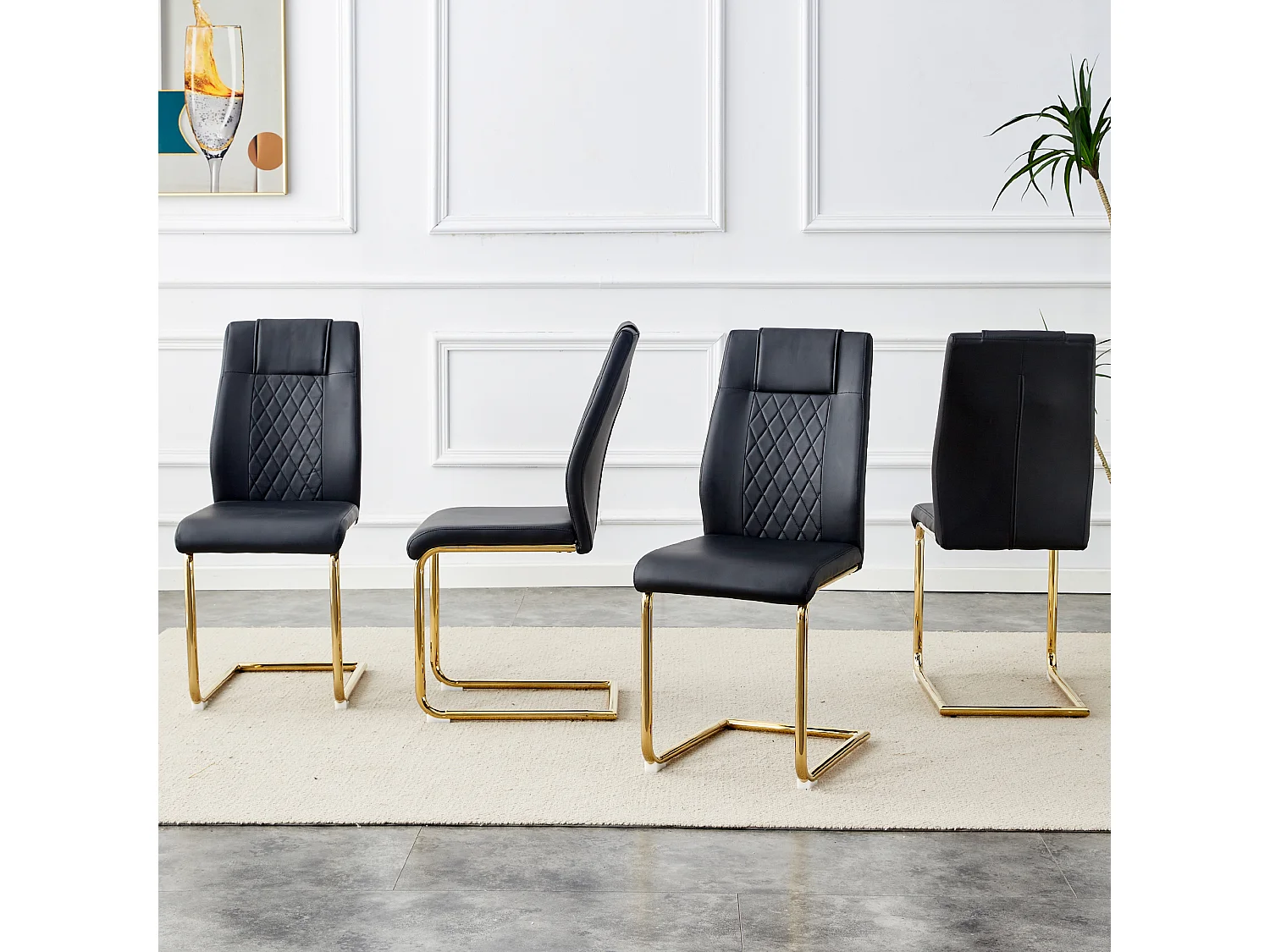 Set di 4 sedie in similpelle nera - Gambe in metallo dorato antiscivolo