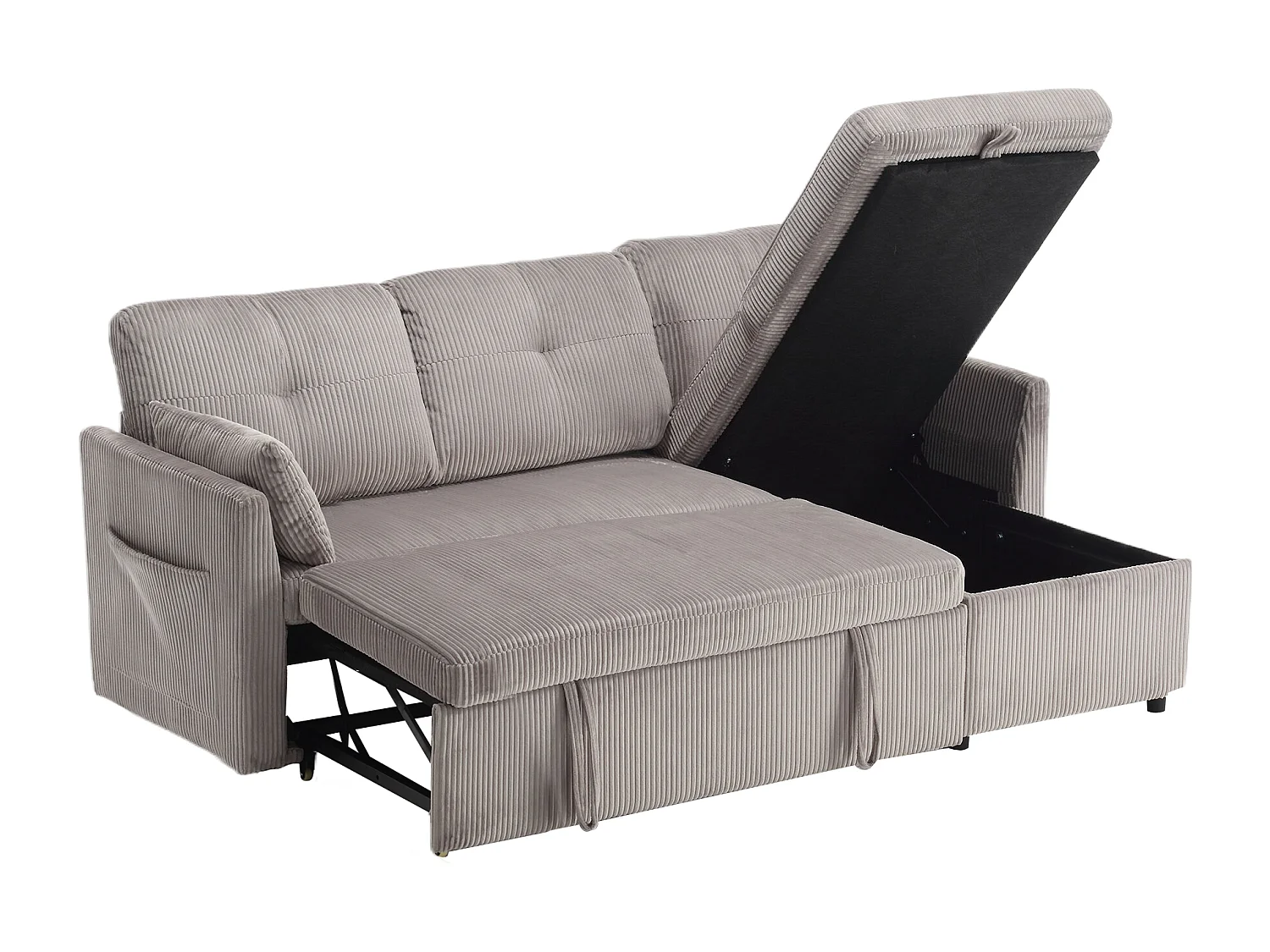 Canapé d'angle convertible 3 places avec rangements - Velours côtelé gris clair