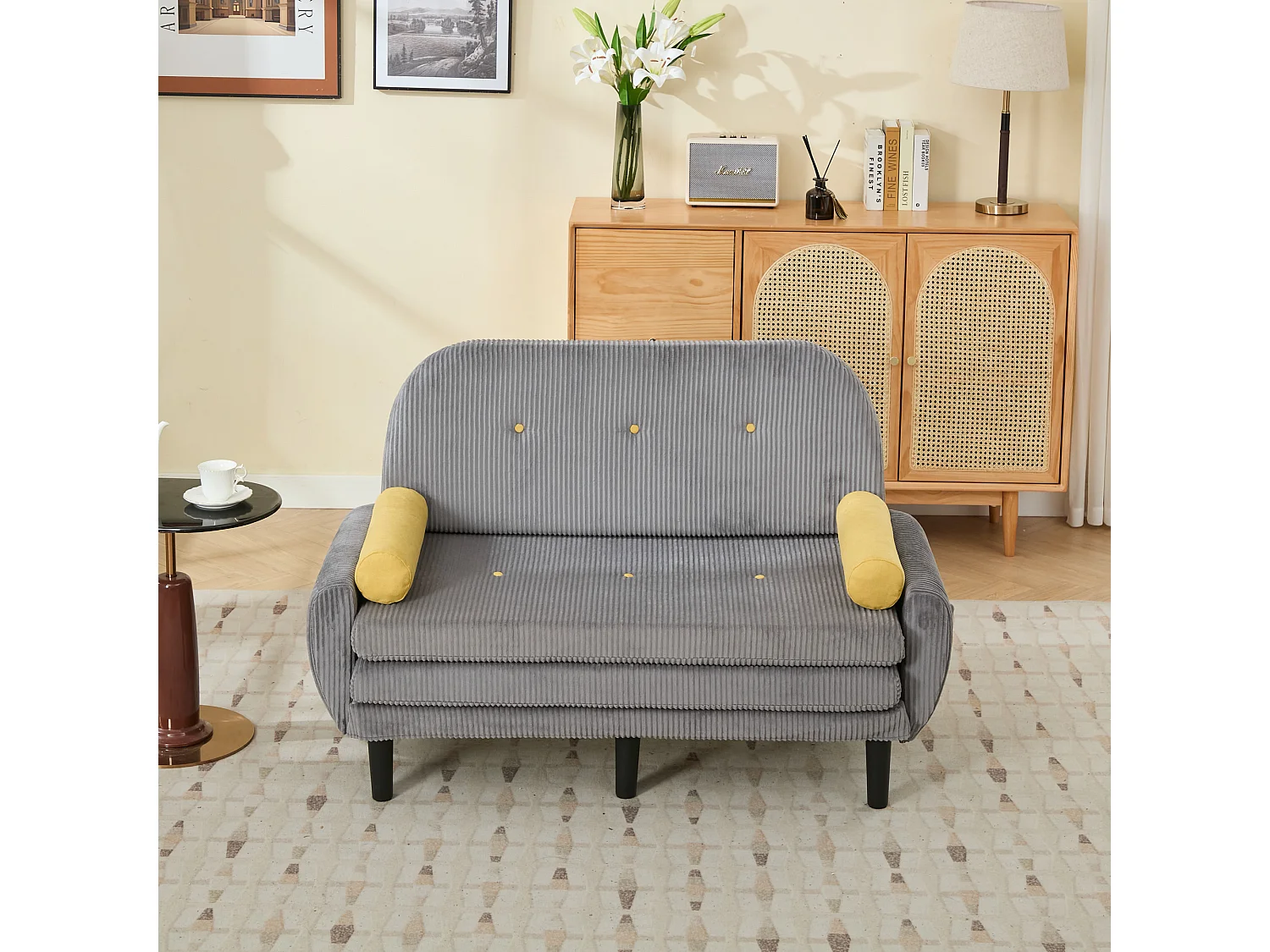 Canapé convertible 2 places en velours côtelé gris avec 2 coussins ronds