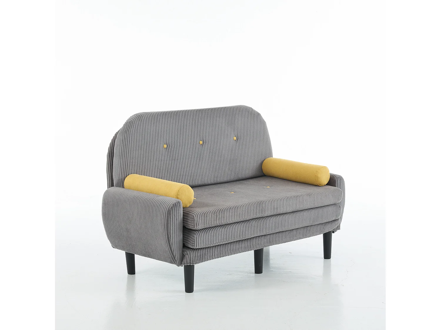 Canapé convertible 2 places en velours côtelé gris avec 2 coussins ronds