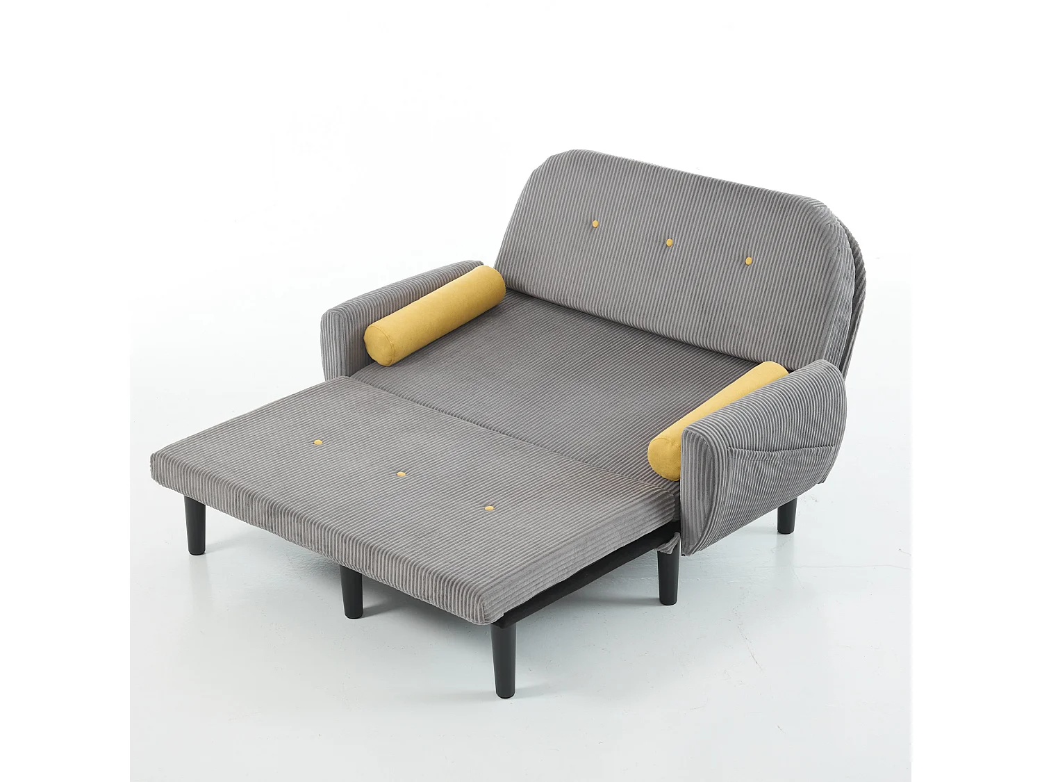 Canapé convertible 2 places en velours côtelé gris avec 2 coussins ronds