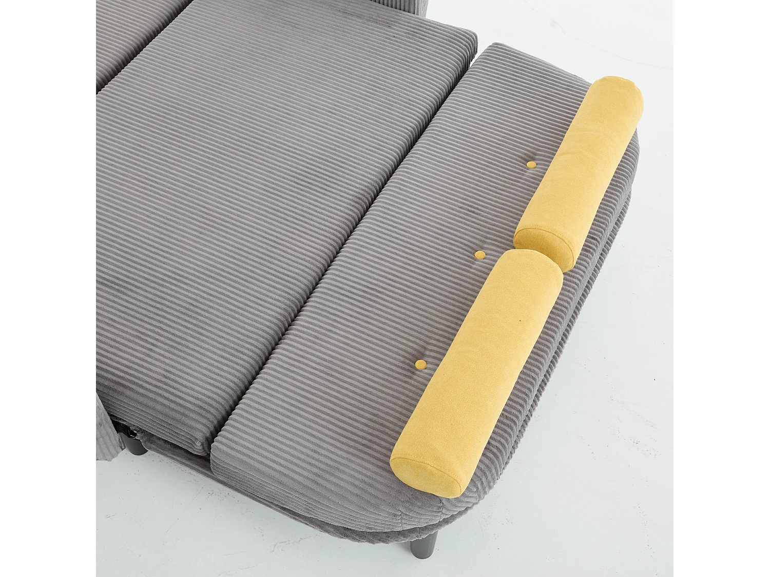 Canapé convertible 2 places en velours côtelé gris avec 2 coussins ronds