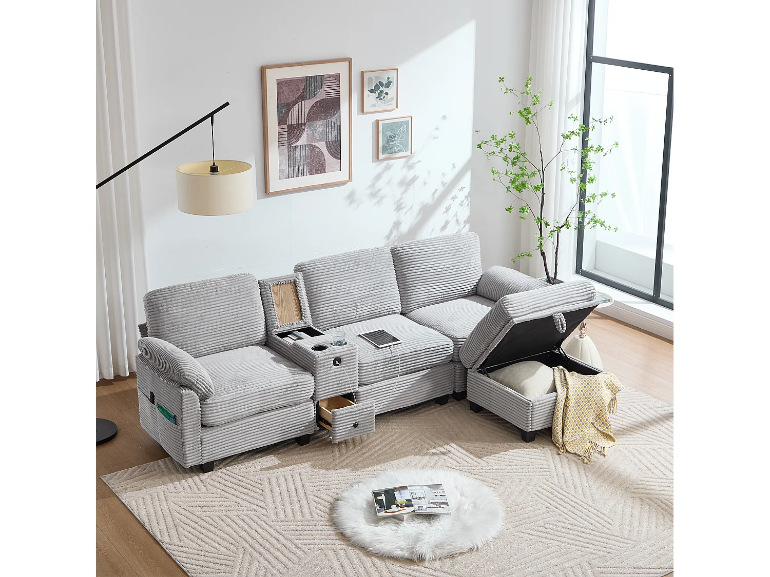 Canapé 3 places en velours côtelé avec ports USB, pouf et rangement - Gris clair