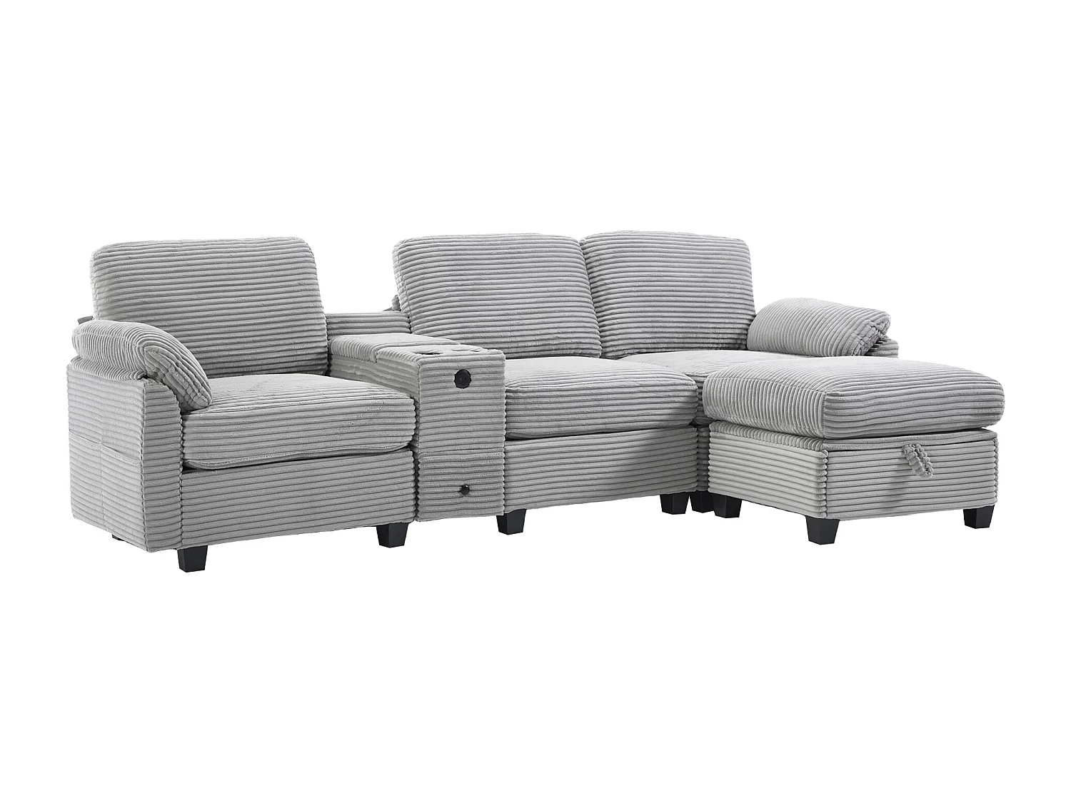 Canapé 3 places en velours côtelé avec ports USB, pouf et rangement - Gris clair