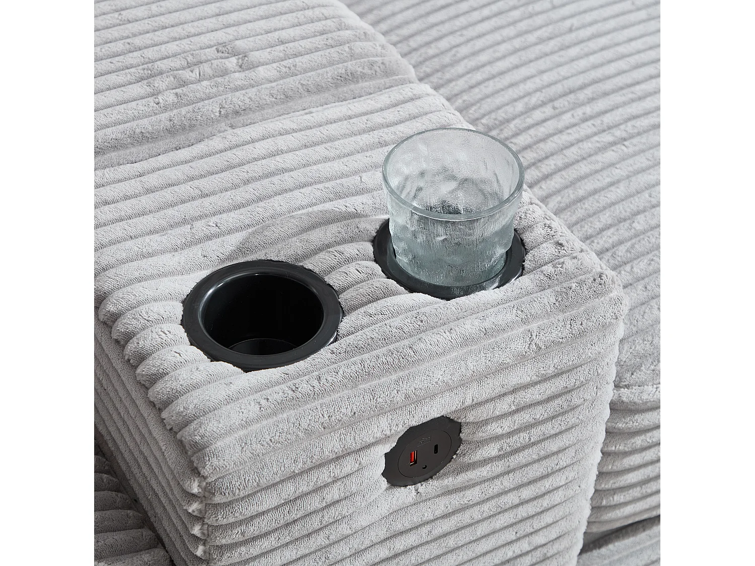 Canapé 3 places en velours côtelé avec ports USB, pouf et rangement - Gris clair