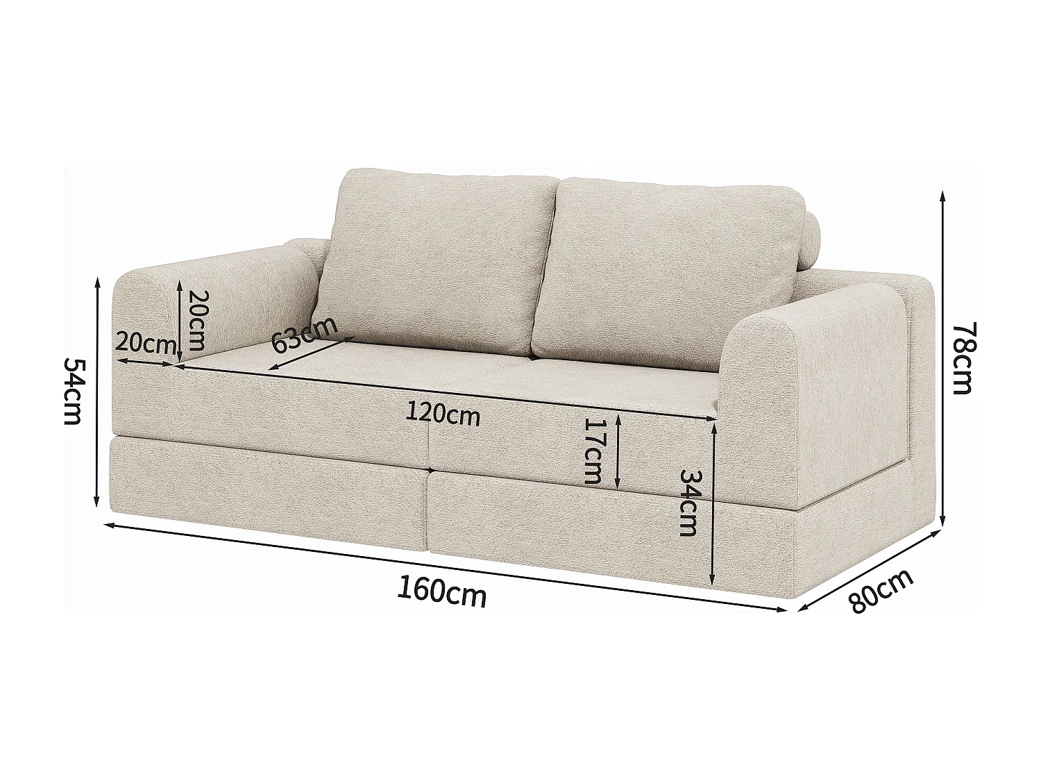 Canapé convertible 2 places 3-1 en flanelle blanc cassé - Pour salon et chambre