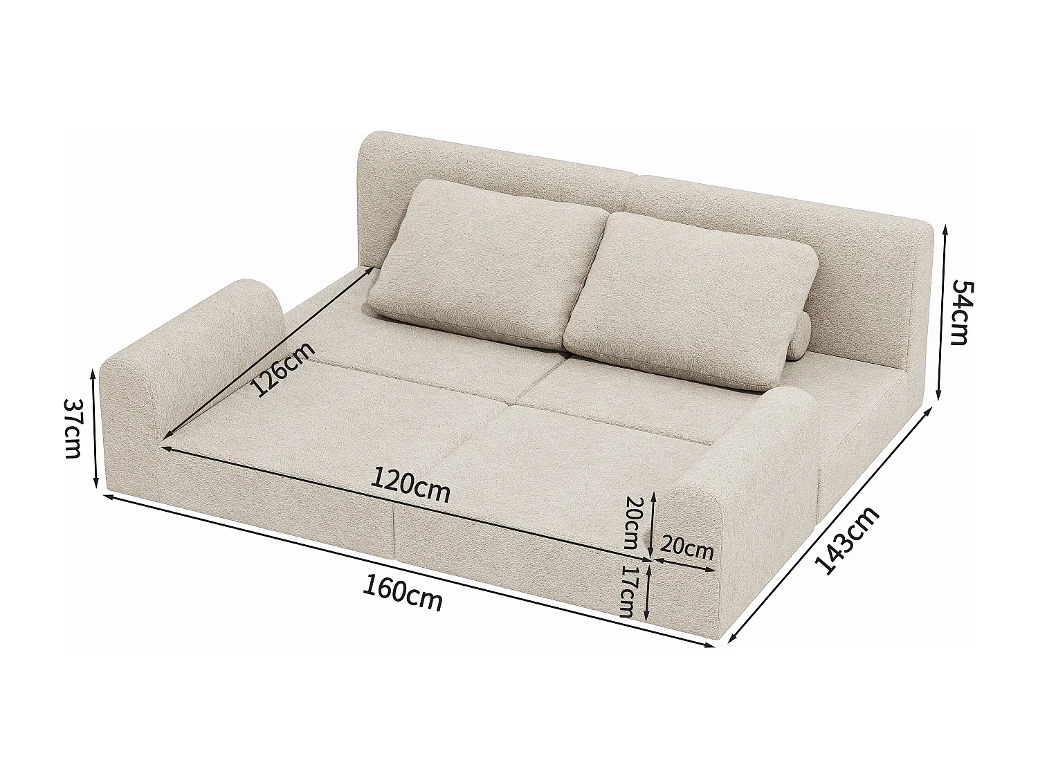 Canapé convertible 2 places 3-1 en flanelle blanc cassé - Pour salon et chambre