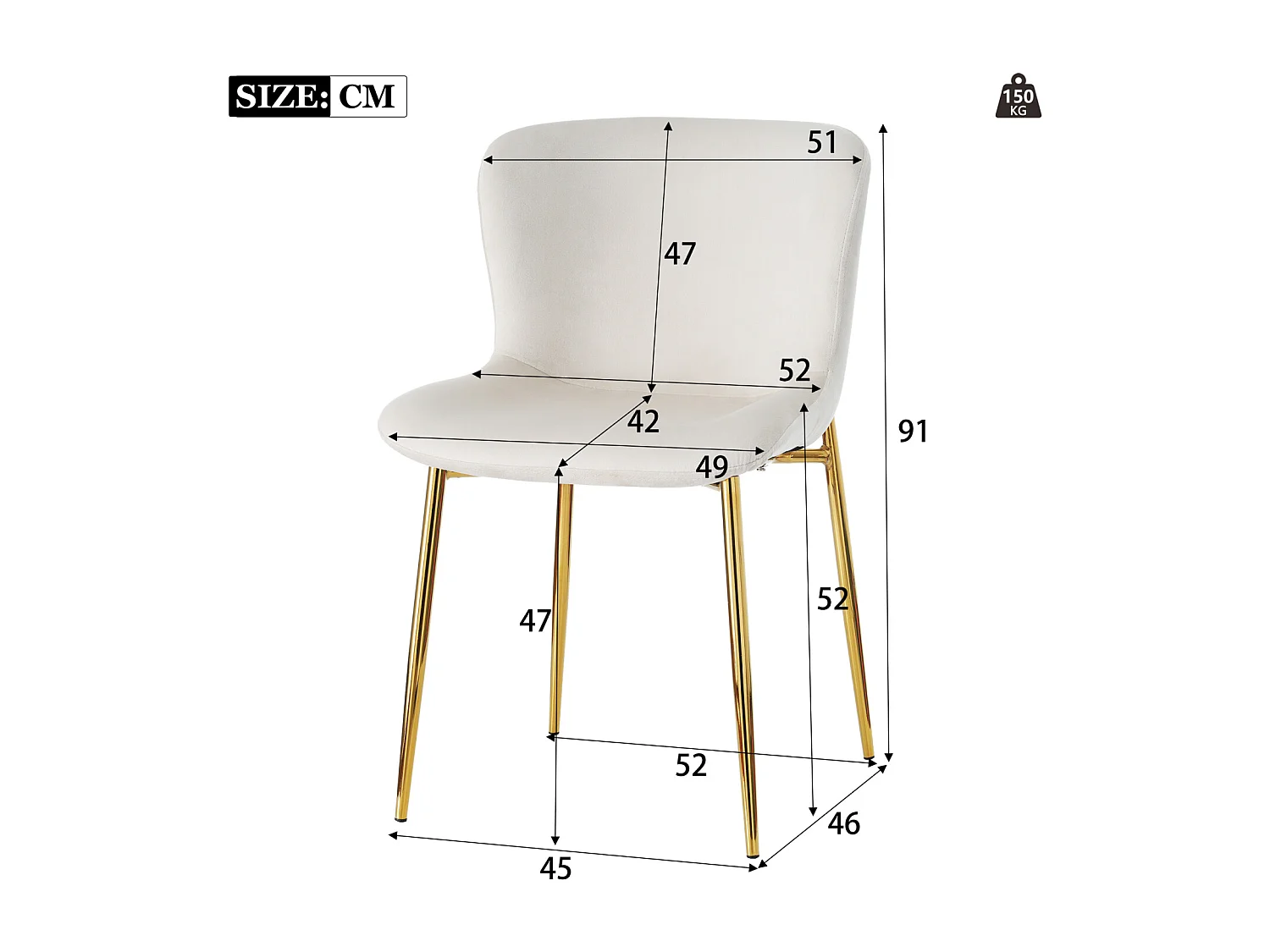 Set van 4 beige fluwelen stoelen met gouden metalen poten