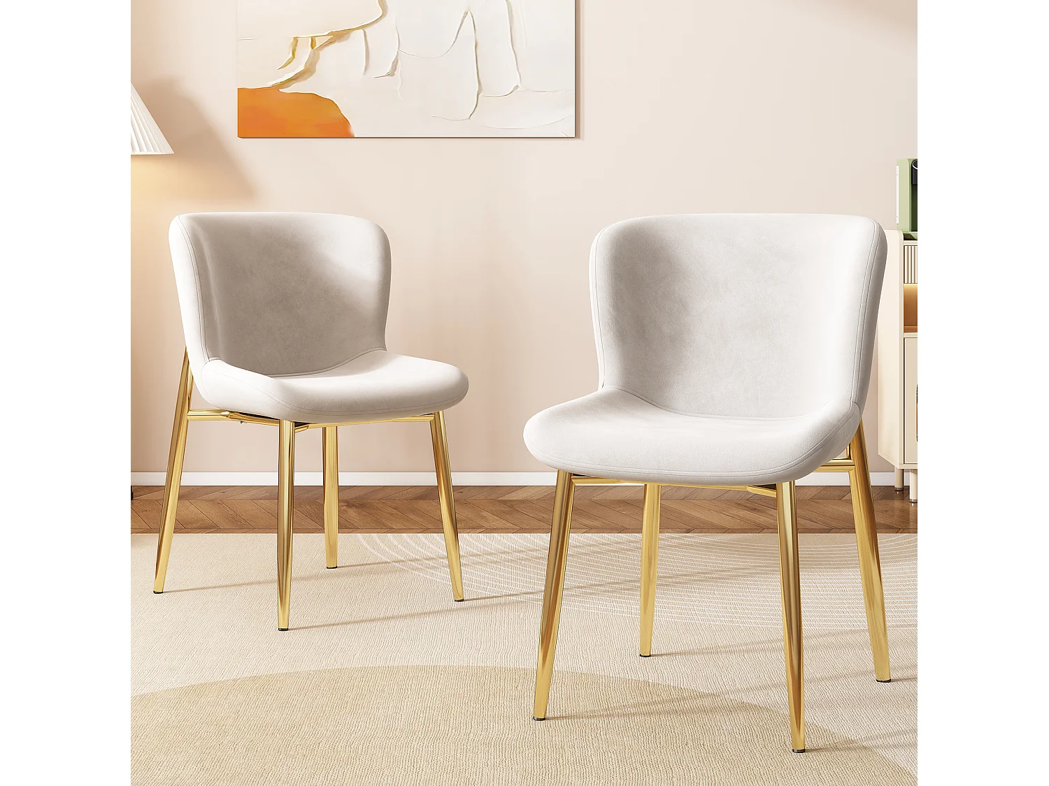 Set van 4 beige fluwelen stoelen met gouden metalen poten