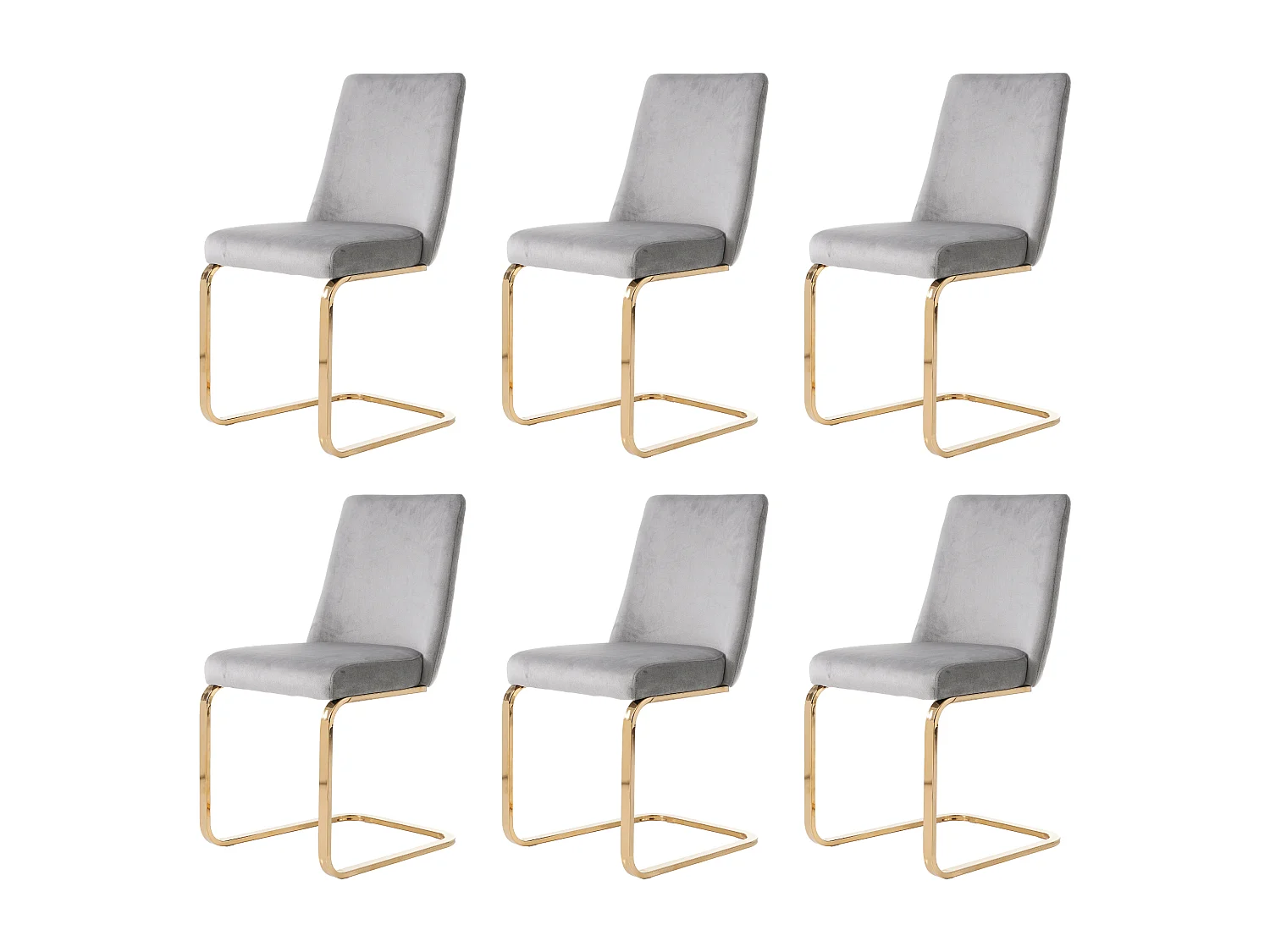 Lot de 6 chaises en velours gris - Pieds en métal doré - Dossier à motif losanges