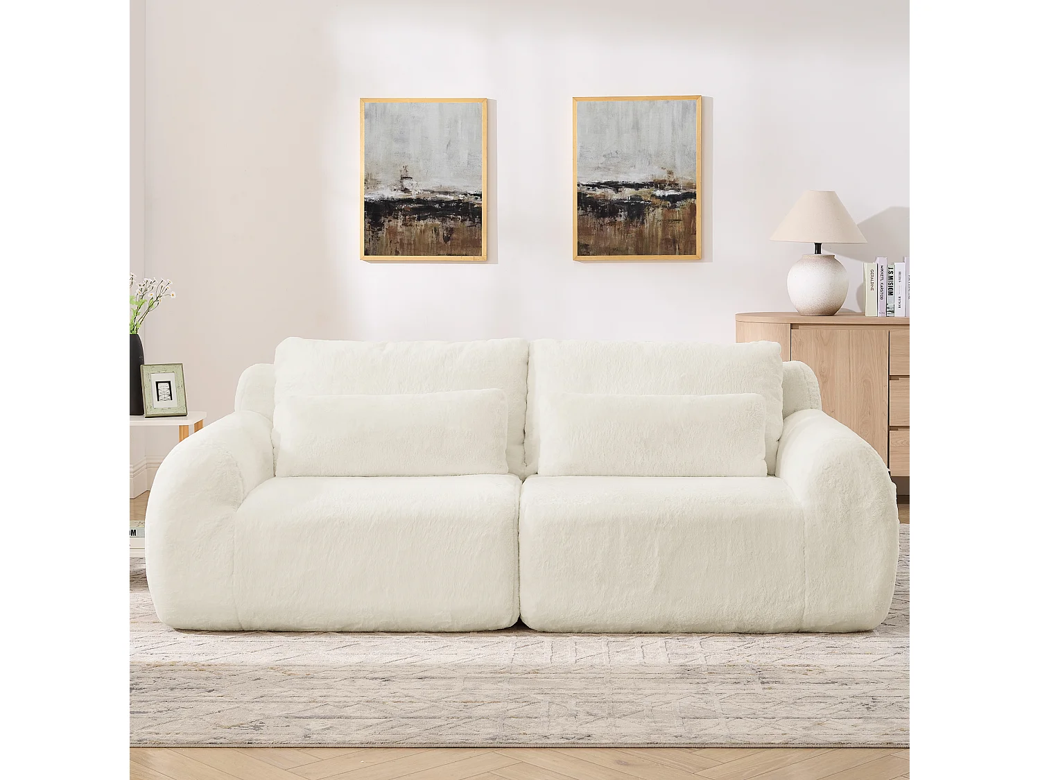 Canapé 2 places avec ports USB et poche latérale - Tissu beige, sans montage