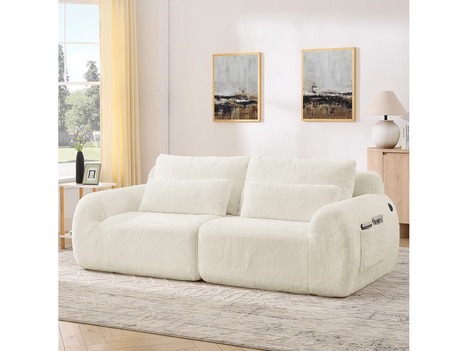 Canapé 2 places avec ports USB et poche latérale - Tissu beige, sans montage