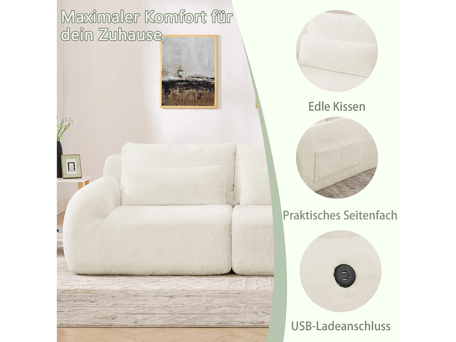 Canapé 2 places avec ports USB et poche latérale - Tissu beige, sans montage